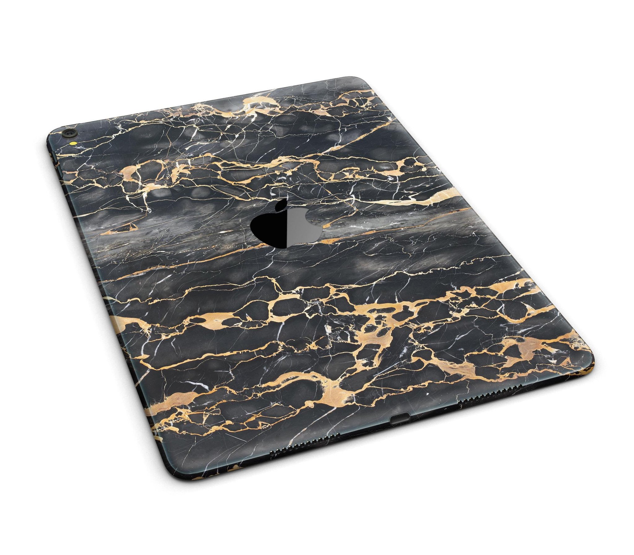 Black and Gold Marble Surface Full Body Skin for iPad Pro, showcasing a stylish design that offers protection and elegance.