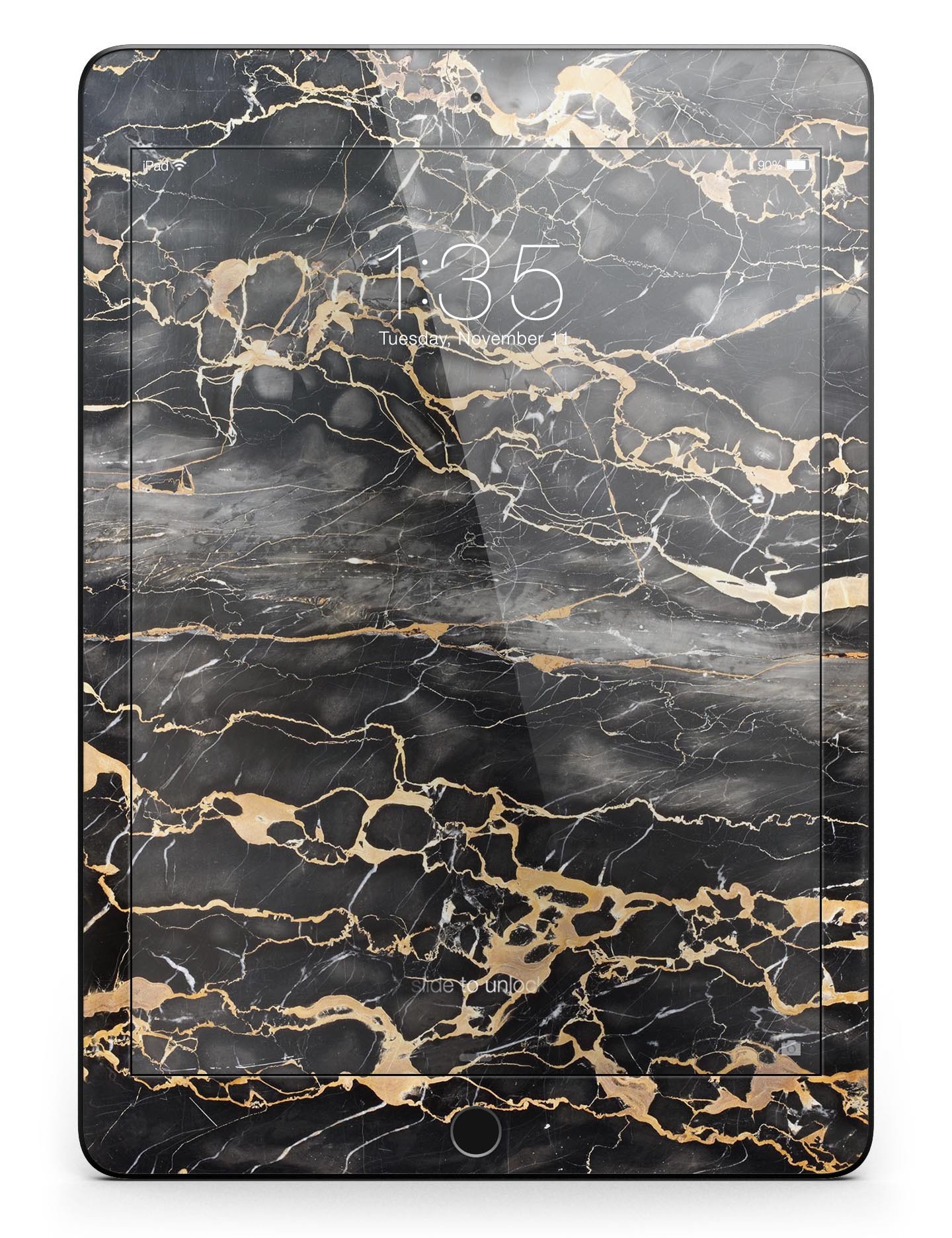 Black and Gold Marble Surface Full Body Skin for iPad Pro, showcasing a stylish design that offers protection and elegance.