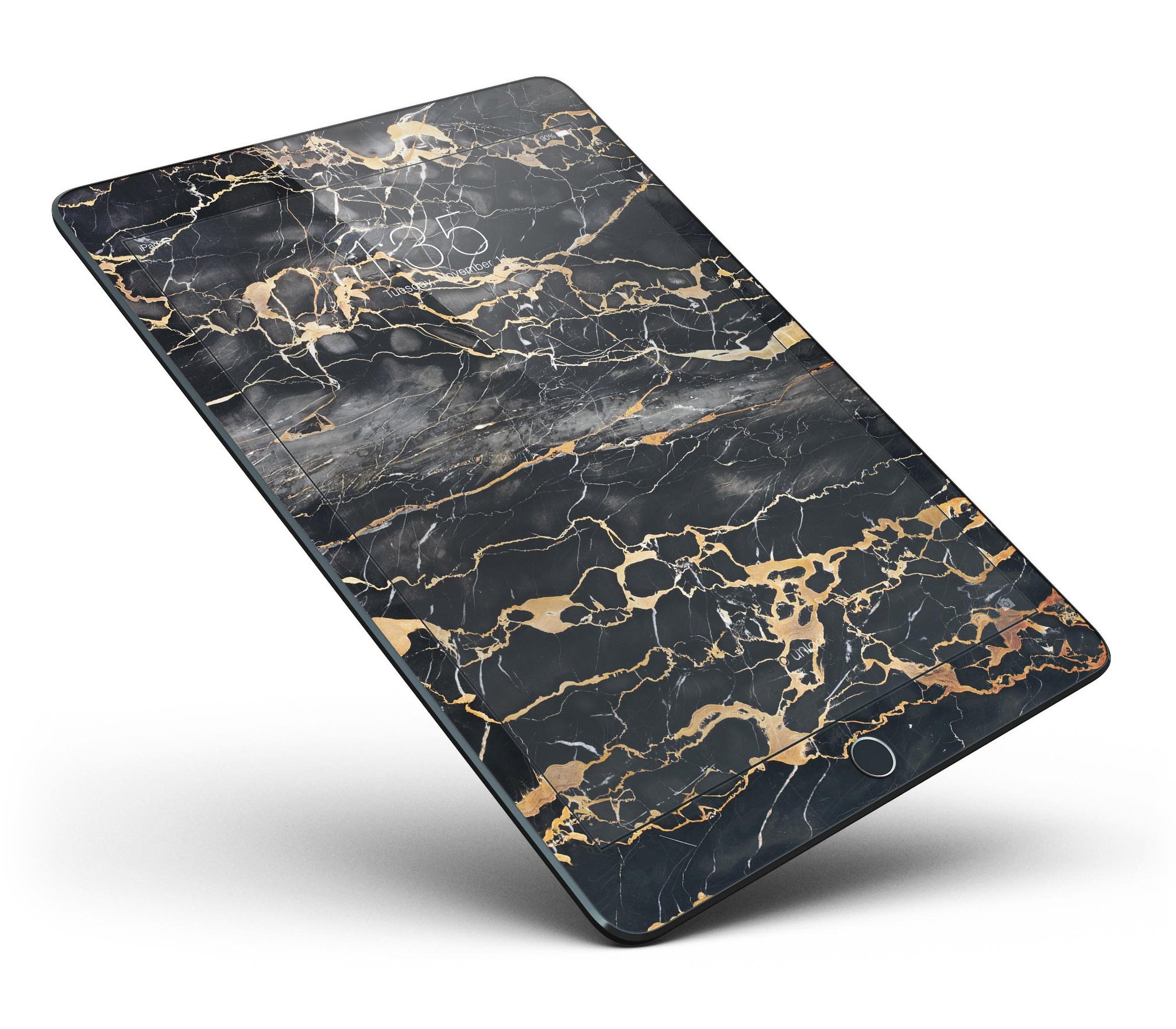 Black and Gold Marble Surface Full Body Skin for iPad Pro, showcasing a stylish design that offers protection and elegance.