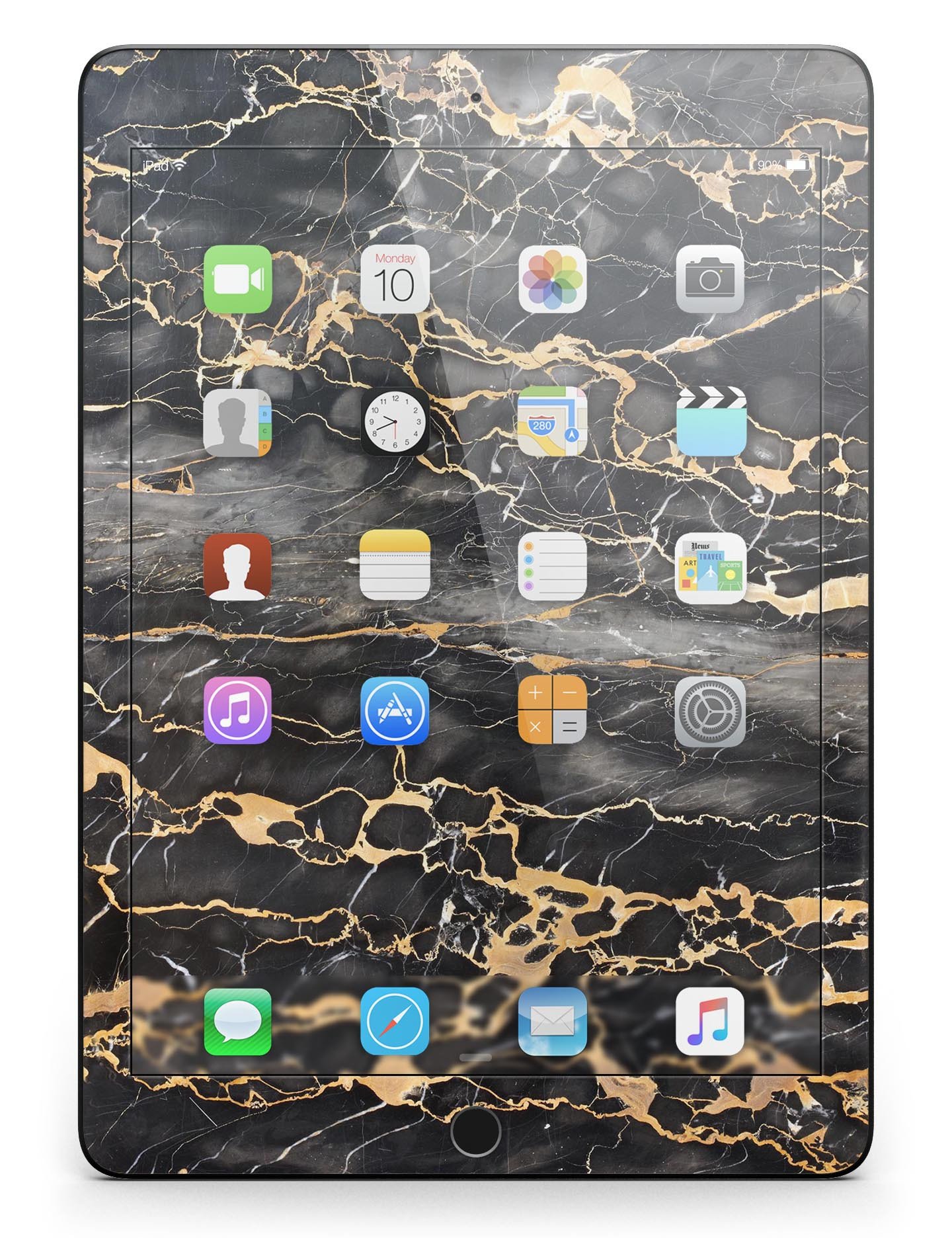 Black and Gold Marble Surface Full Body Skin for iPad Pro, showcasing a stylish design that offers protection and elegance.