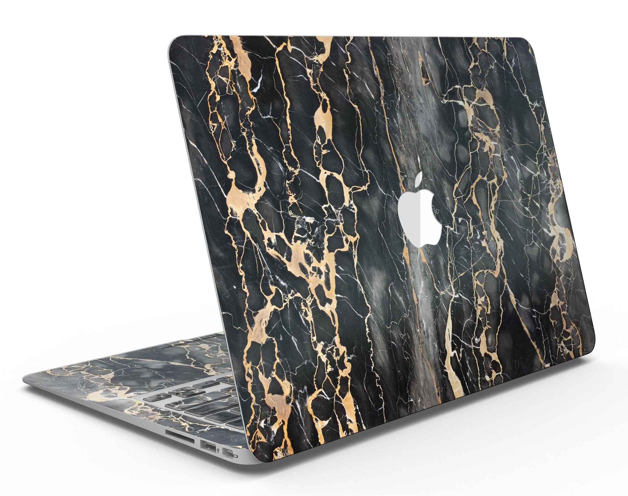 Black and Gold Marble Surface Skin Kit for MacBook Air, showcasing a stylish design with a premium vinyl finish.