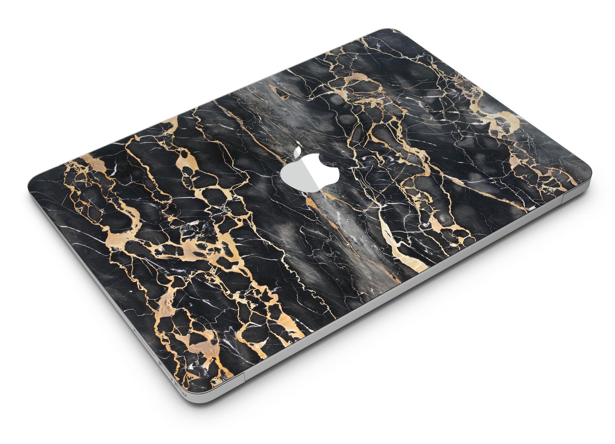 Black and Gold Marble Surface Skin Kit for MacBook Air, showcasing a stylish design with a premium vinyl finish.