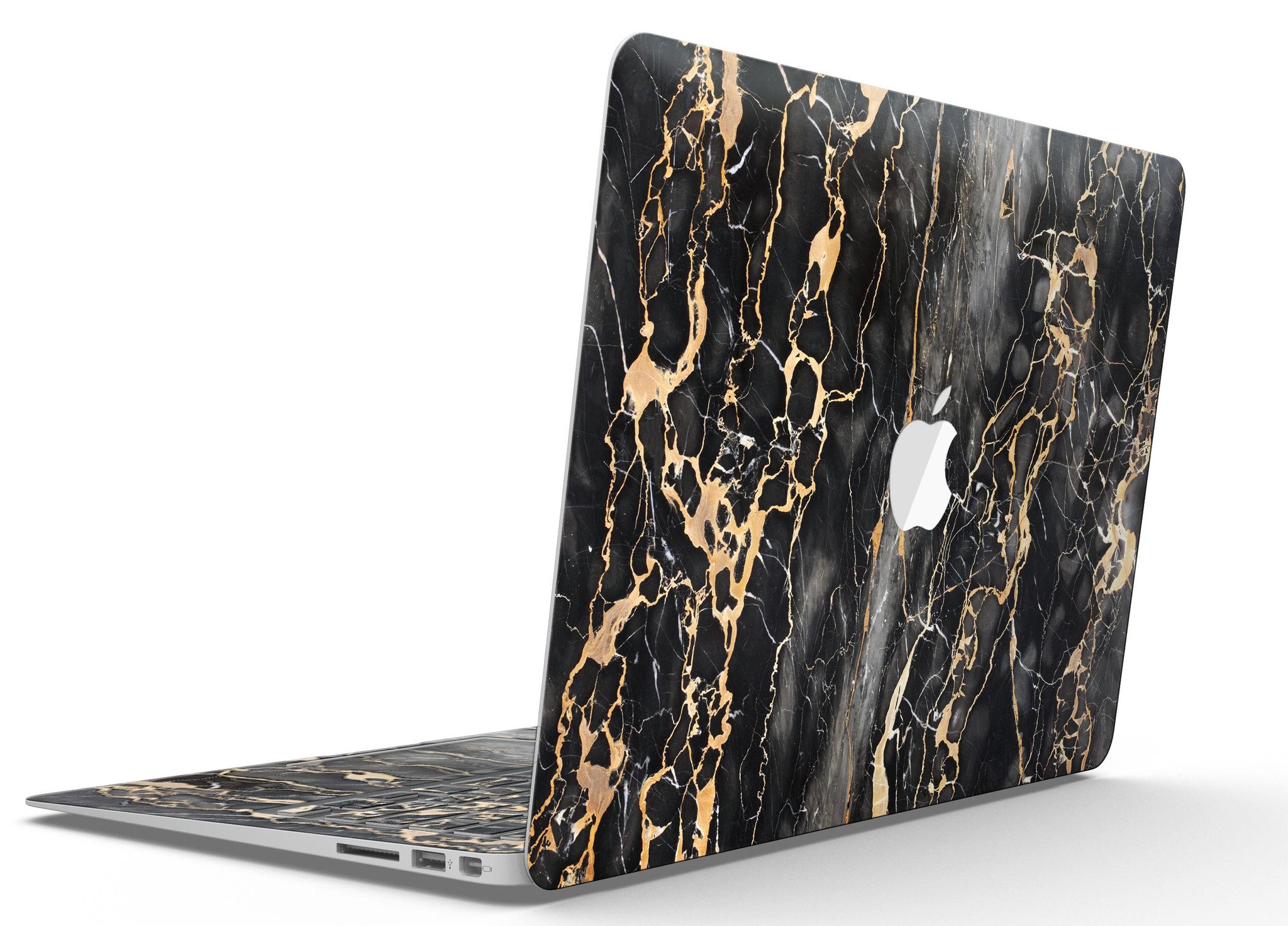 Black and Gold Marble Surface Skin Kit for MacBook Air, showcasing a stylish design with a premium vinyl finish.