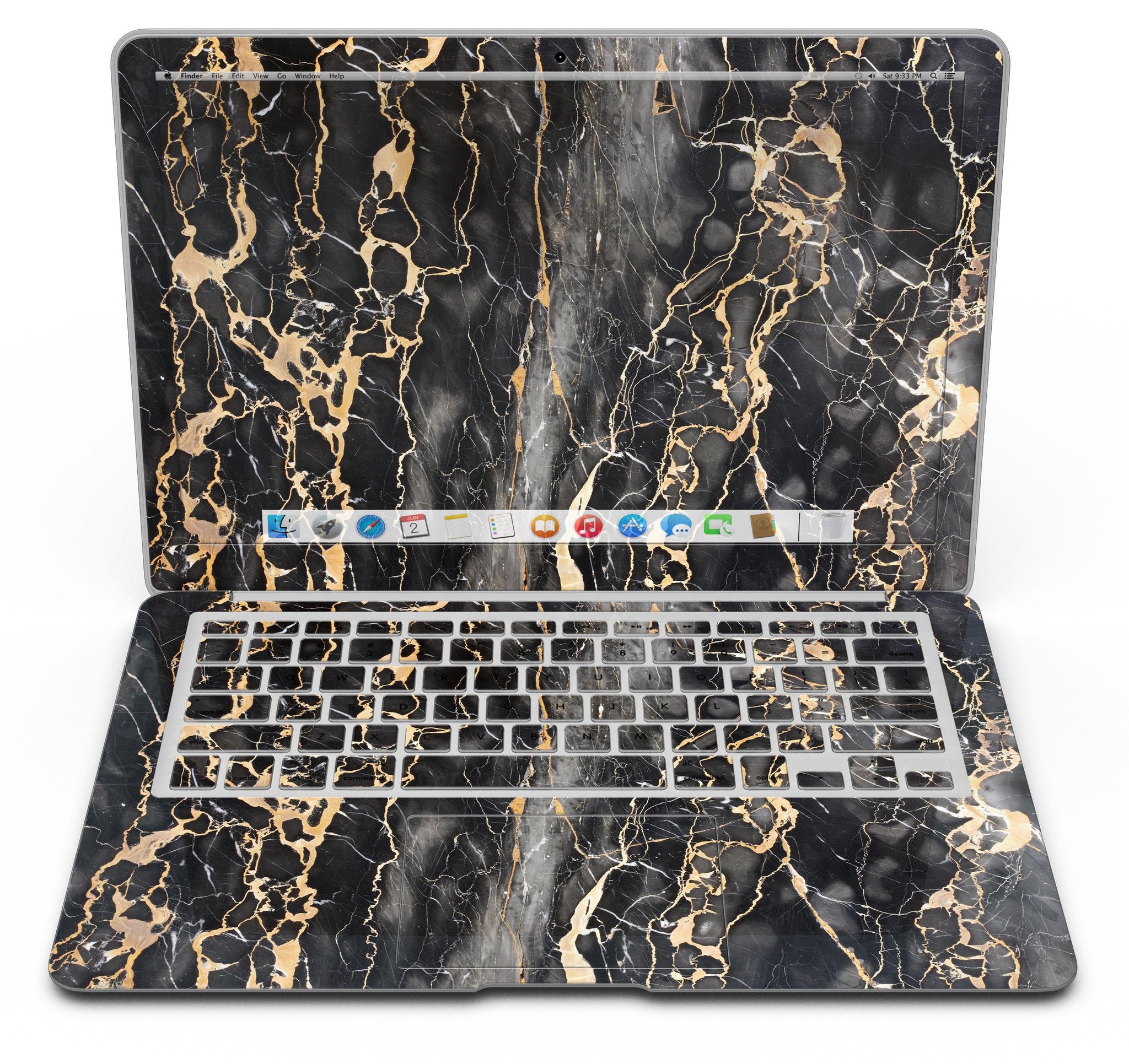 Black and Gold Marble Surface Skin Kit for MacBook Air, showcasing a stylish design with a premium vinyl finish.