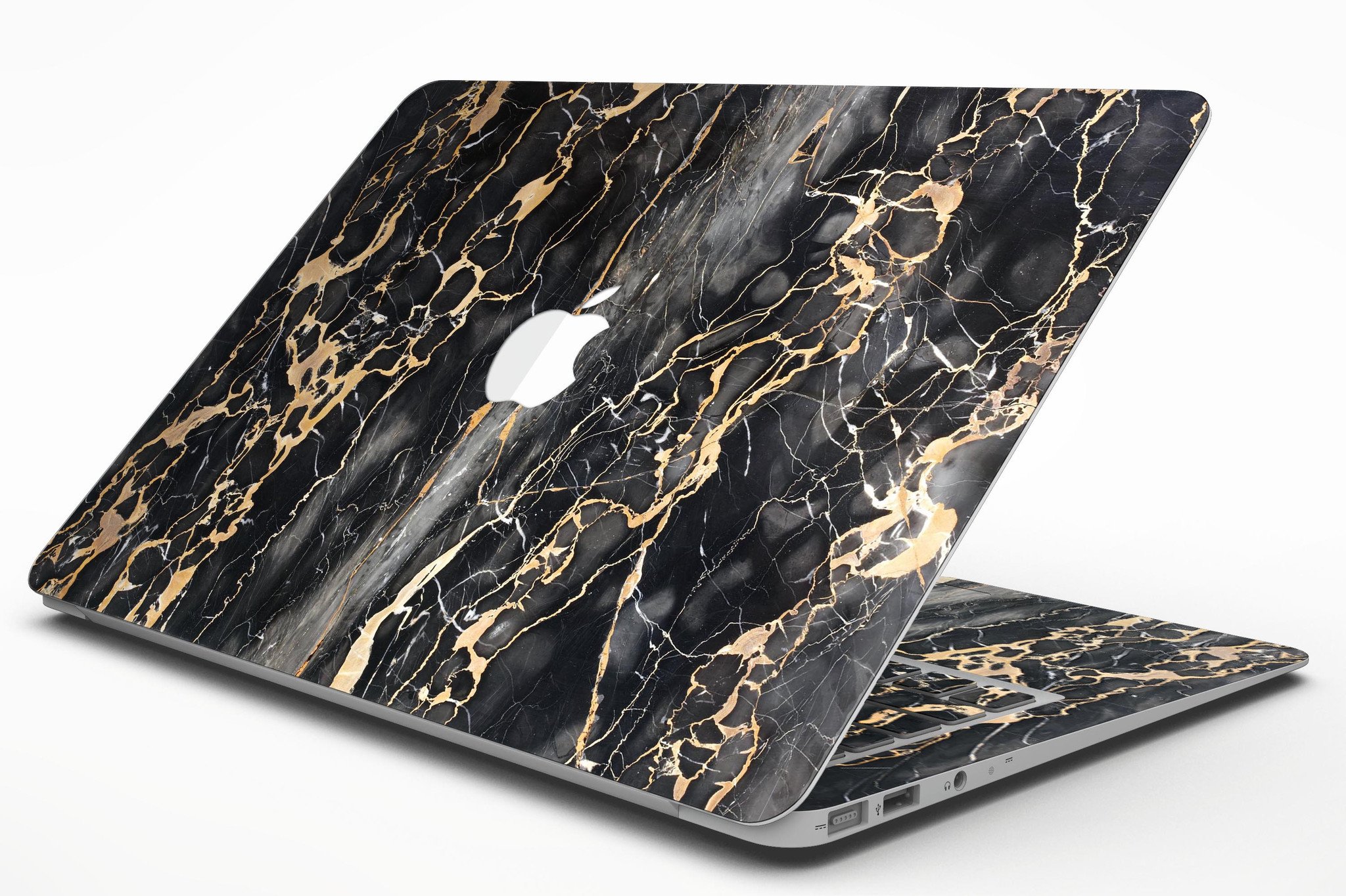 Black and Gold Marble Surface Skin Kit for MacBook Air, showcasing a stylish design with a premium vinyl finish.