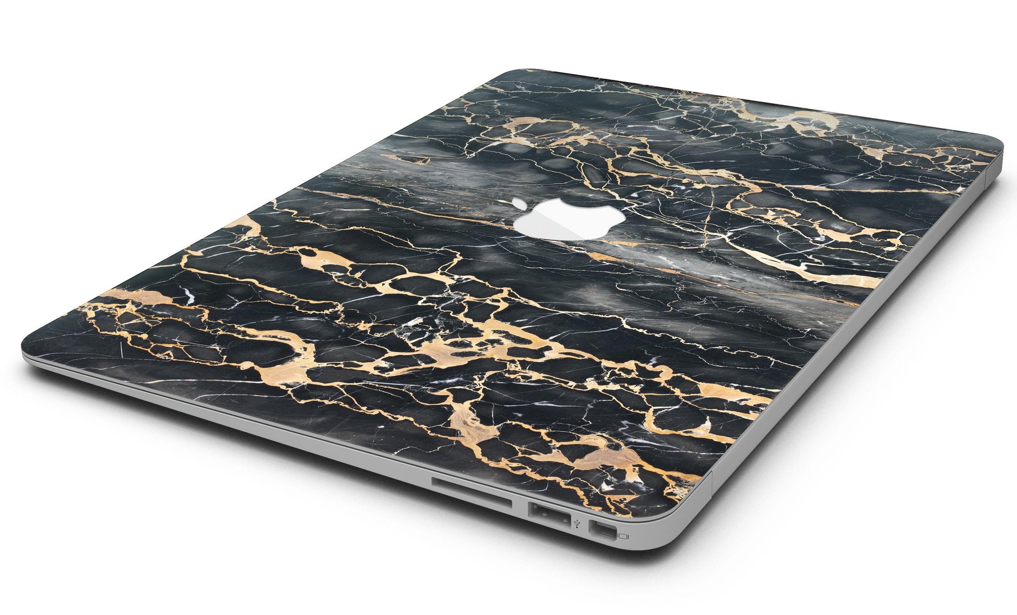 Black and Gold Marble Surface Skin Kit for MacBook Air, showcasing a stylish design with a premium vinyl finish.