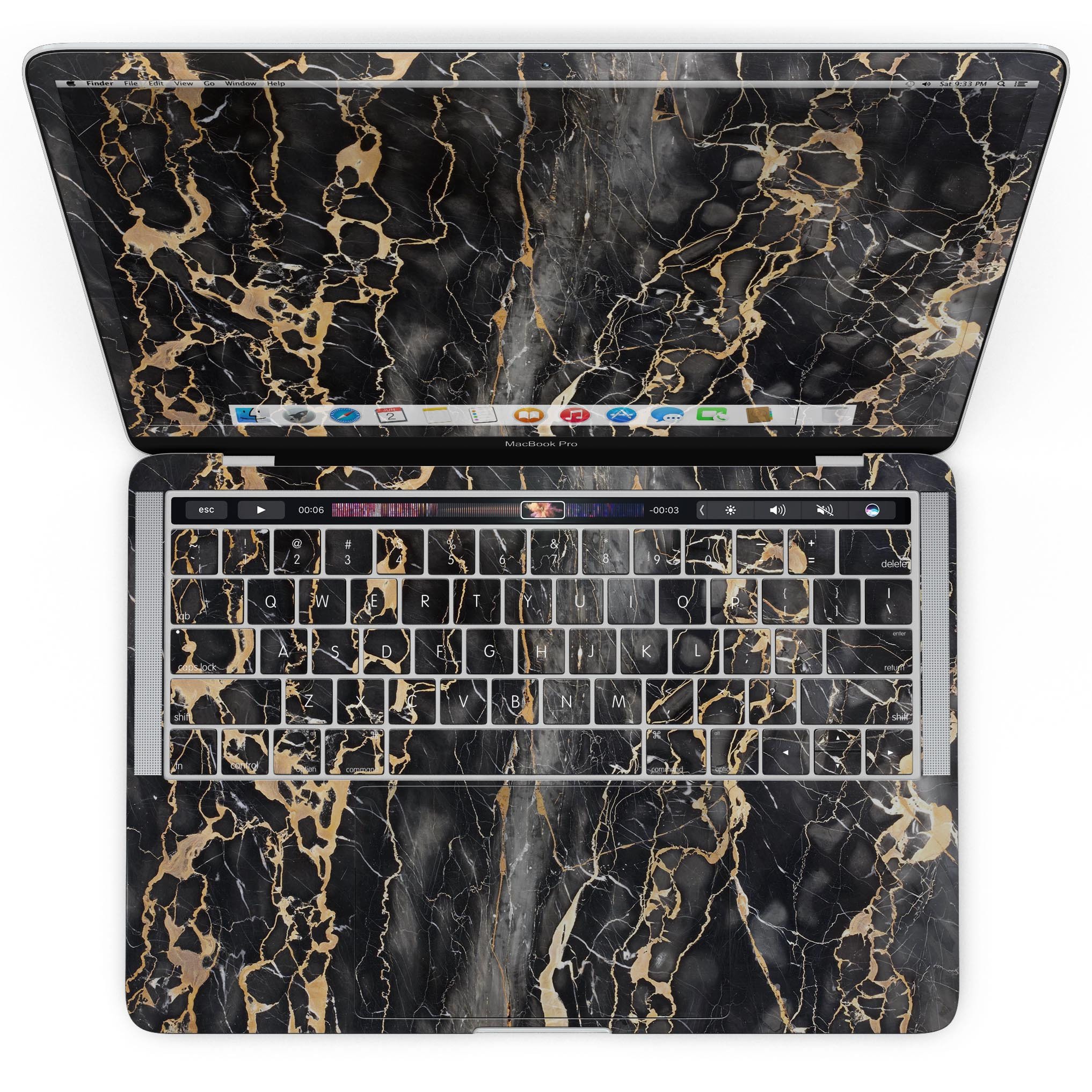 Black and Gold Marble Surface Skin Kit for MacBook Pro, showcasing a stylish design that fits perfectly on the device.