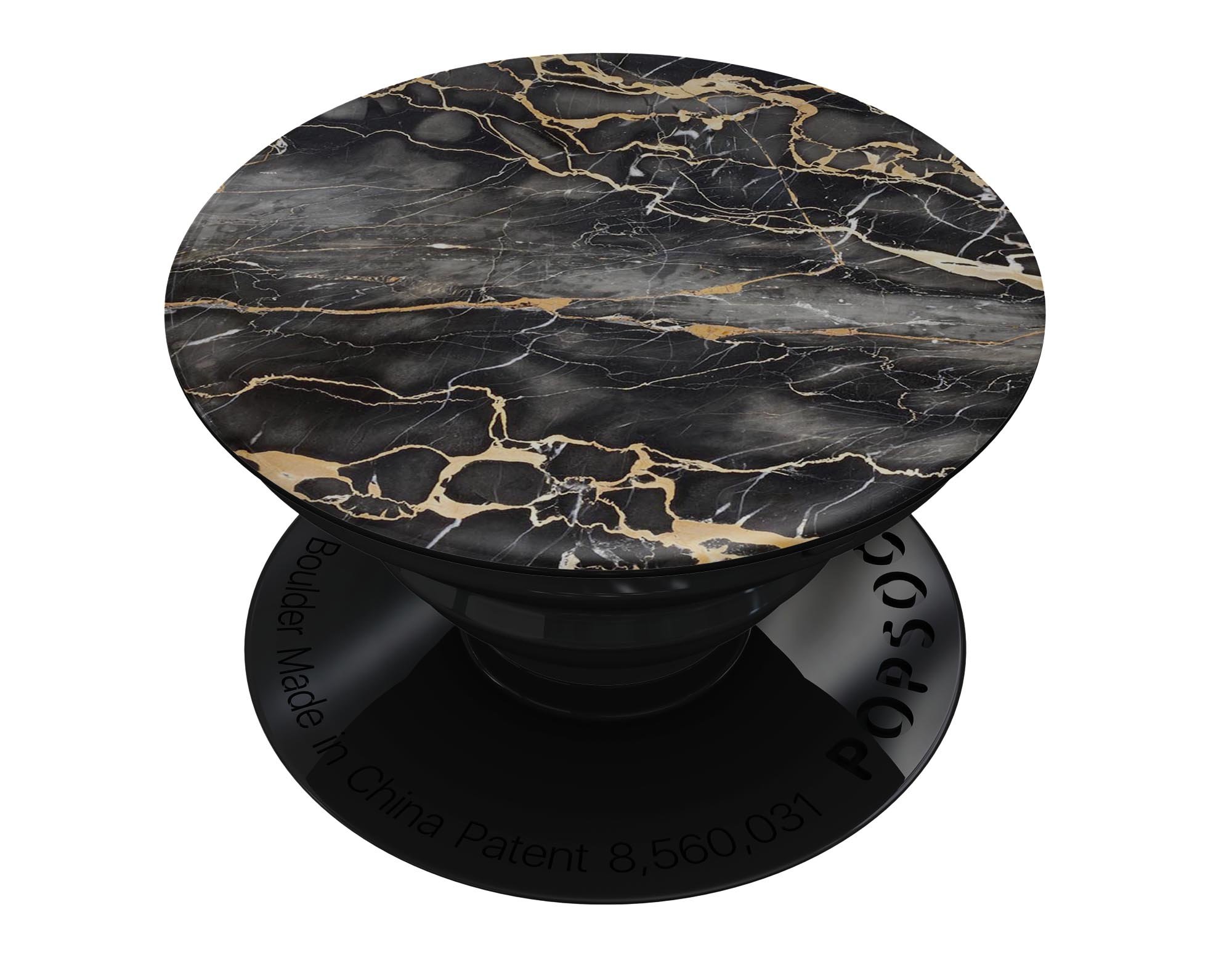 Black and Gold Marble Surface Skin Kit for PopSockets, showcasing a stylish marble design on a smartphone grip.