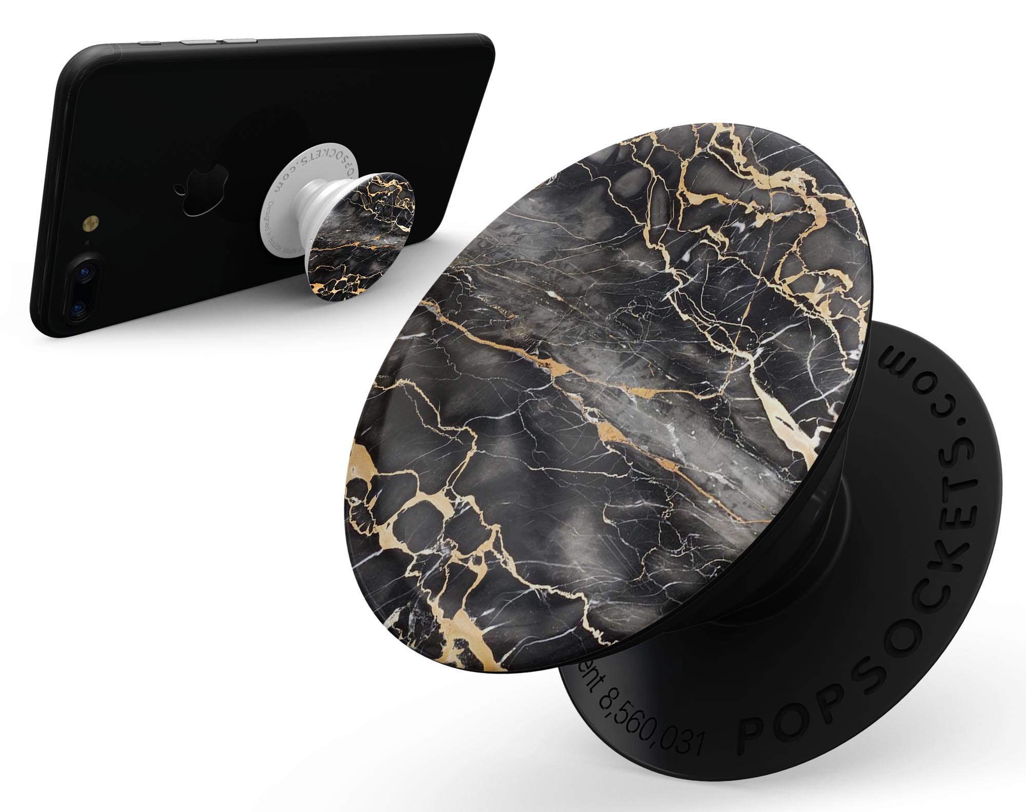 Black and Gold Marble Surface Skin Kit for PopSockets, showcasing a stylish marble design on a smartphone grip.