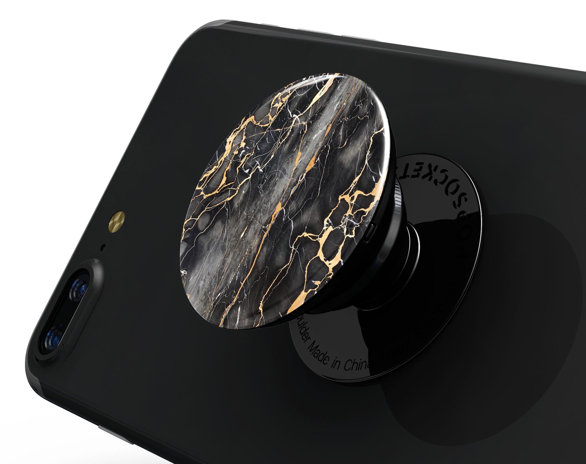 Black and Gold Marble Surface Skin Kit for PopSockets, showcasing a stylish marble design on a smartphone grip.