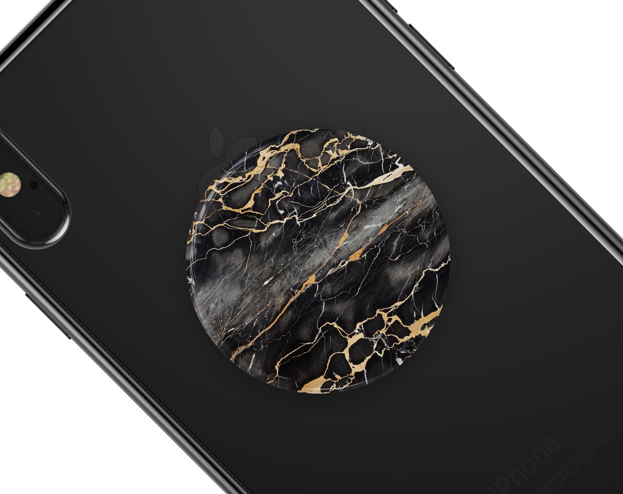 Black and Gold Marble Surface Skin Kit for PopSockets, showcasing a stylish marble design on a smartphone grip.