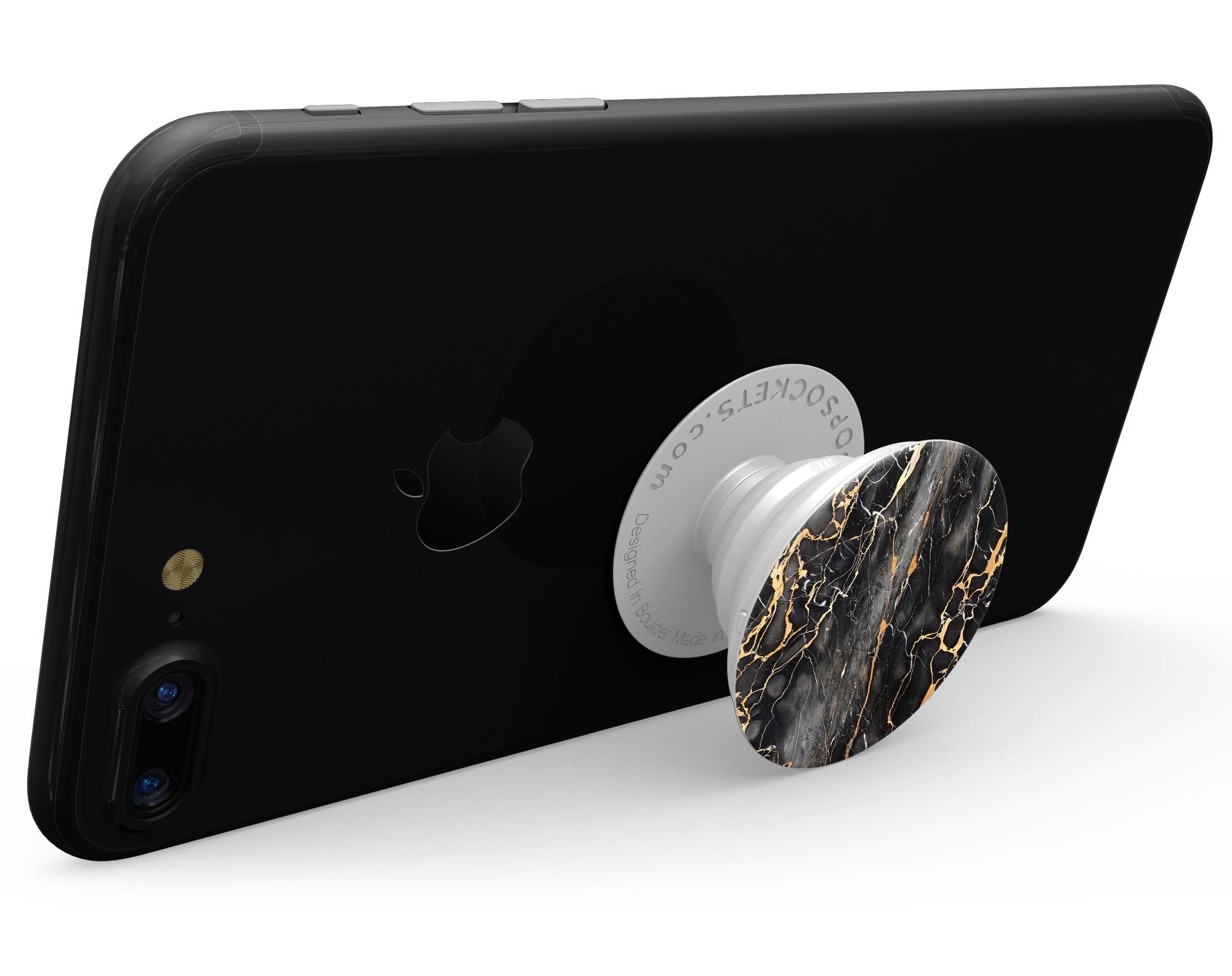 Black and Gold Marble Surface Skin Kit for PopSockets, showcasing a stylish marble design on a smartphone grip.