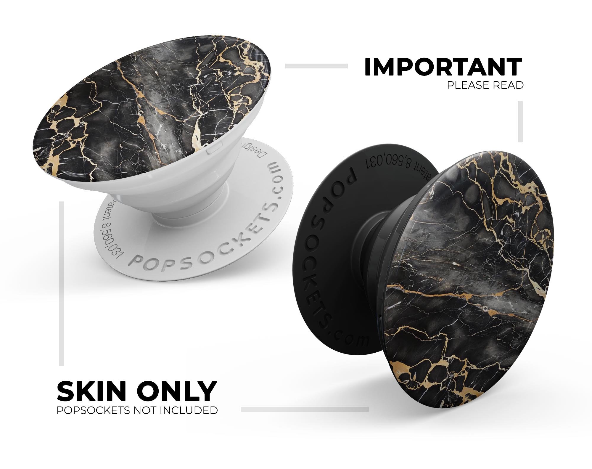 Black and Gold Marble Surface Skin Kit for PopSockets, showcasing a stylish marble design on a smartphone grip.