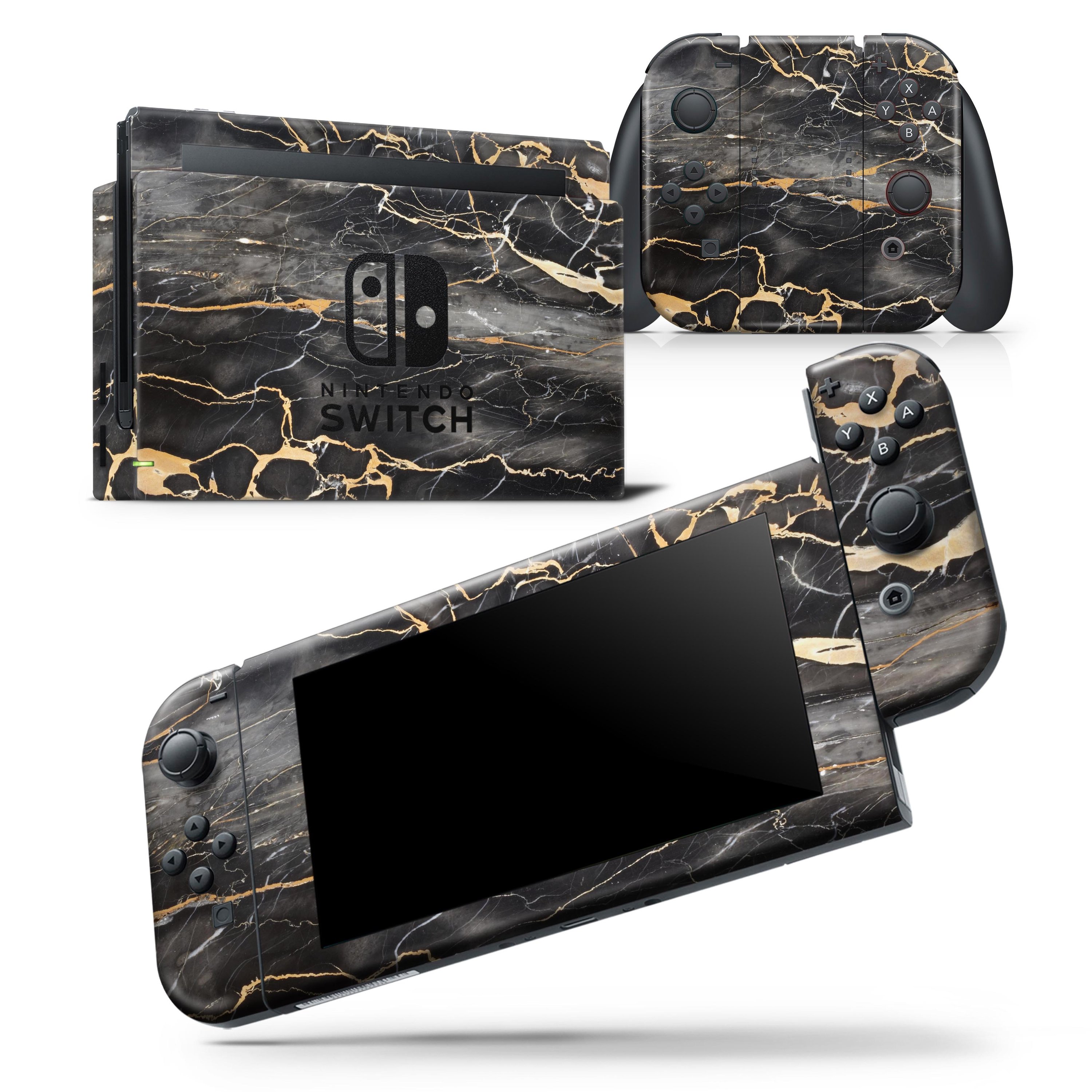 Black and Gold Marble Skin Wrap Decal for Nintendo Switch, showcasing a stylish design that fits the console and controllers perfectly.