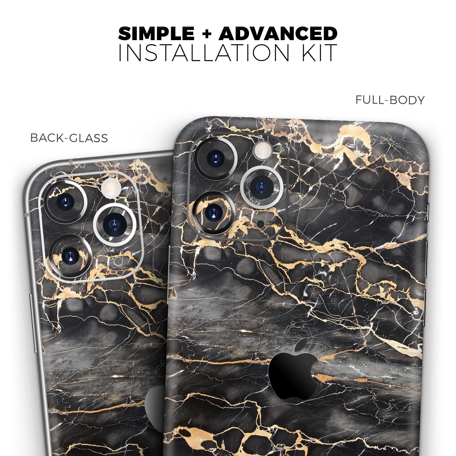 Black and Gold Marble Skin-Kit for Apple iPhone, showcasing a stylish design with a premium finish.