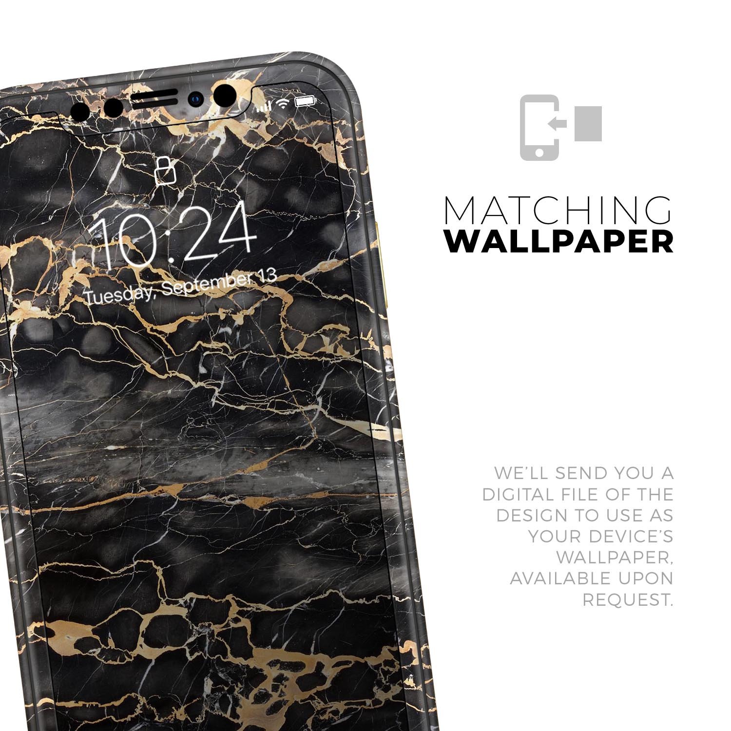 Black and Gold Marble Skin-Kit for Apple iPhone, showcasing a stylish design with a premium finish.