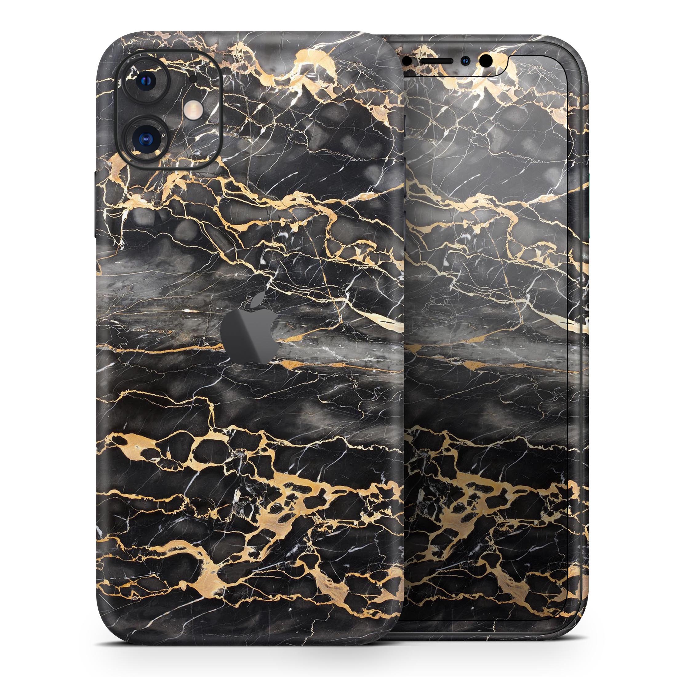 Black and Gold Marble Skin-Kit for Apple iPhone, showcasing a stylish design with a premium finish.