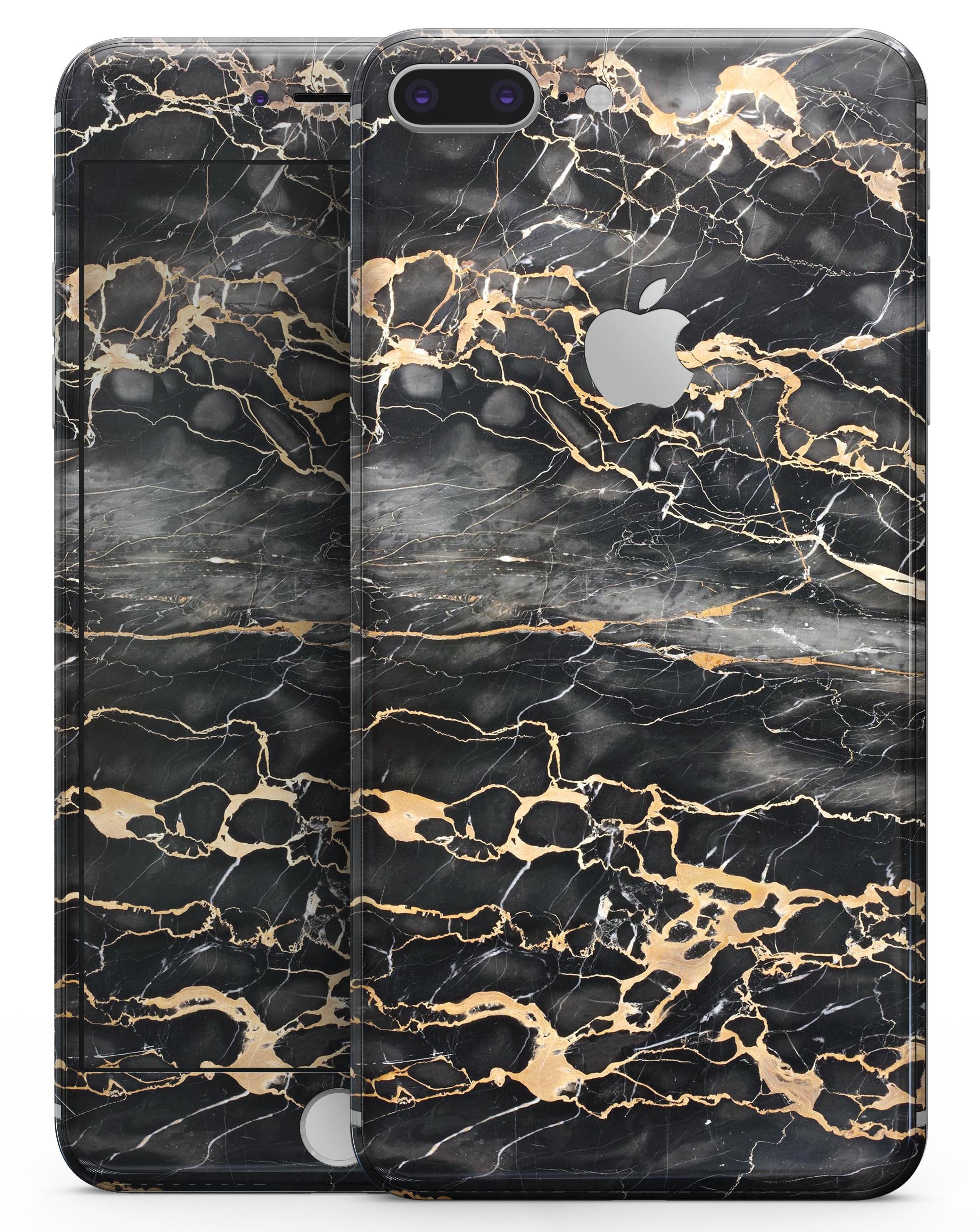 Black and Gold Marble Surface Skin-Kit for iPhone 8 and 8 Plus, showcasing a stylish marble design.