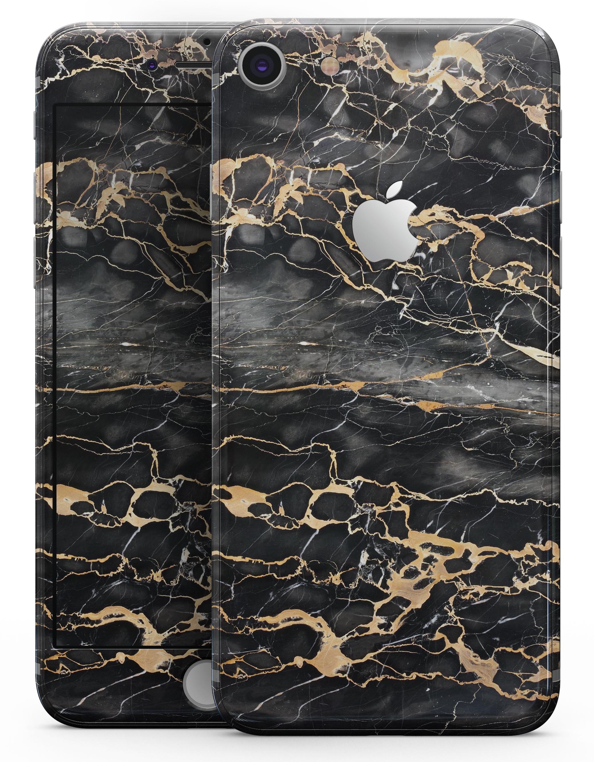 Black and Gold Marble Surface Skin-Kit for iPhone 8 and 8 Plus, showcasing a stylish marble design.