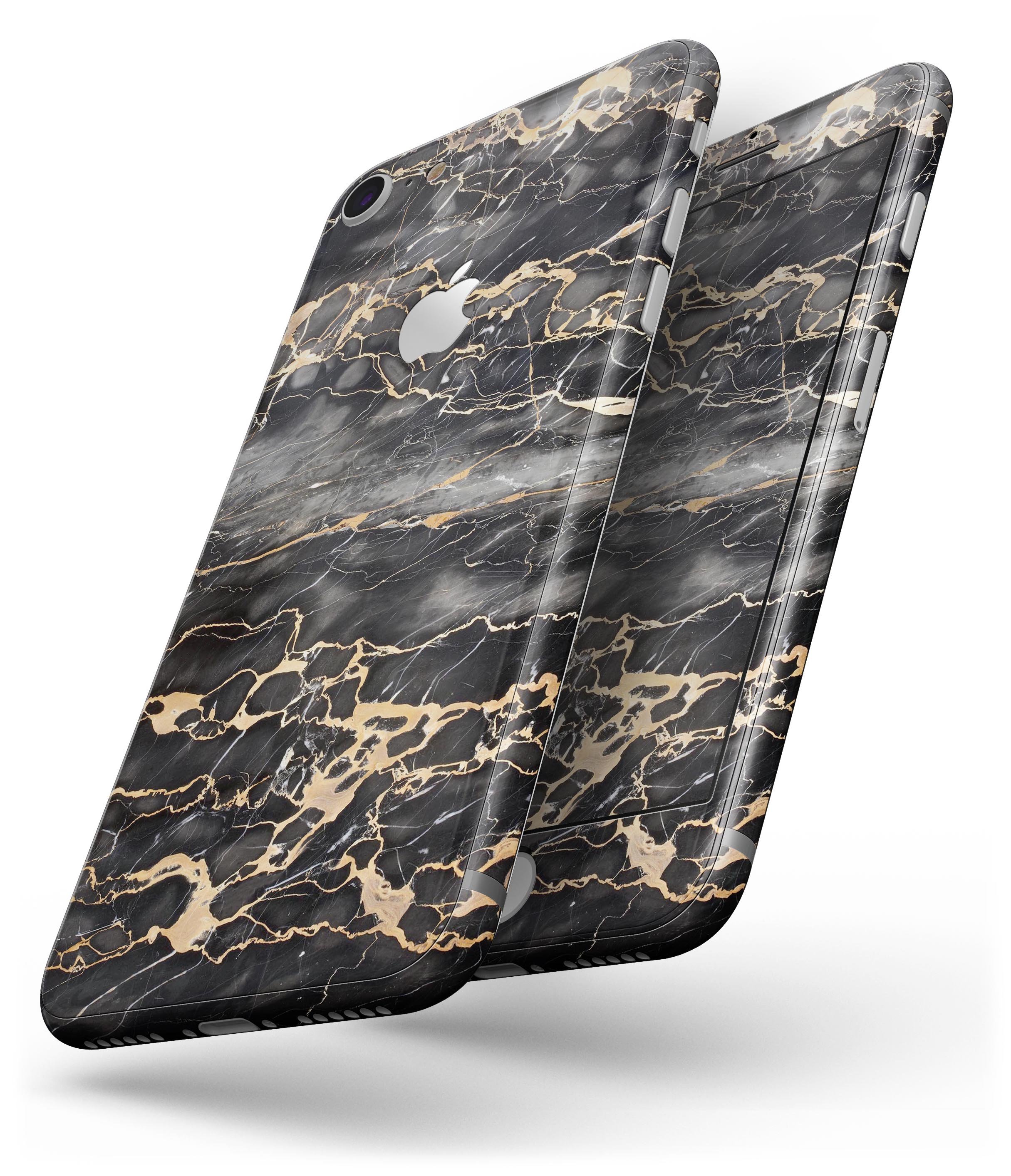 Black and Gold Marble Surface Skin-Kit for iPhone 8 and 8 Plus, showcasing a stylish marble design.