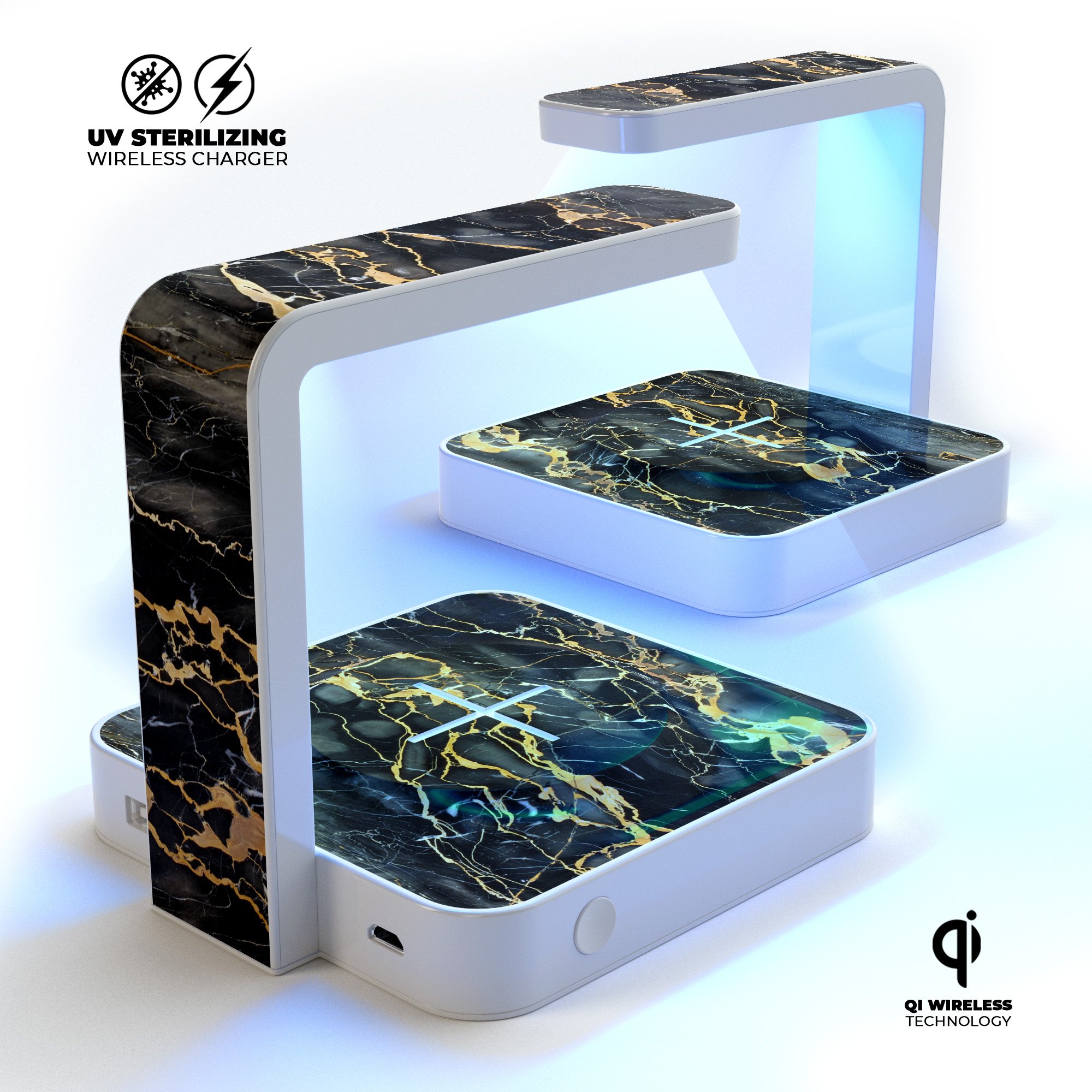 Black and Gold Marble Surface UV Germicidal Sanitizing Sterilizing charger with wireless charging feature and decorative skin.