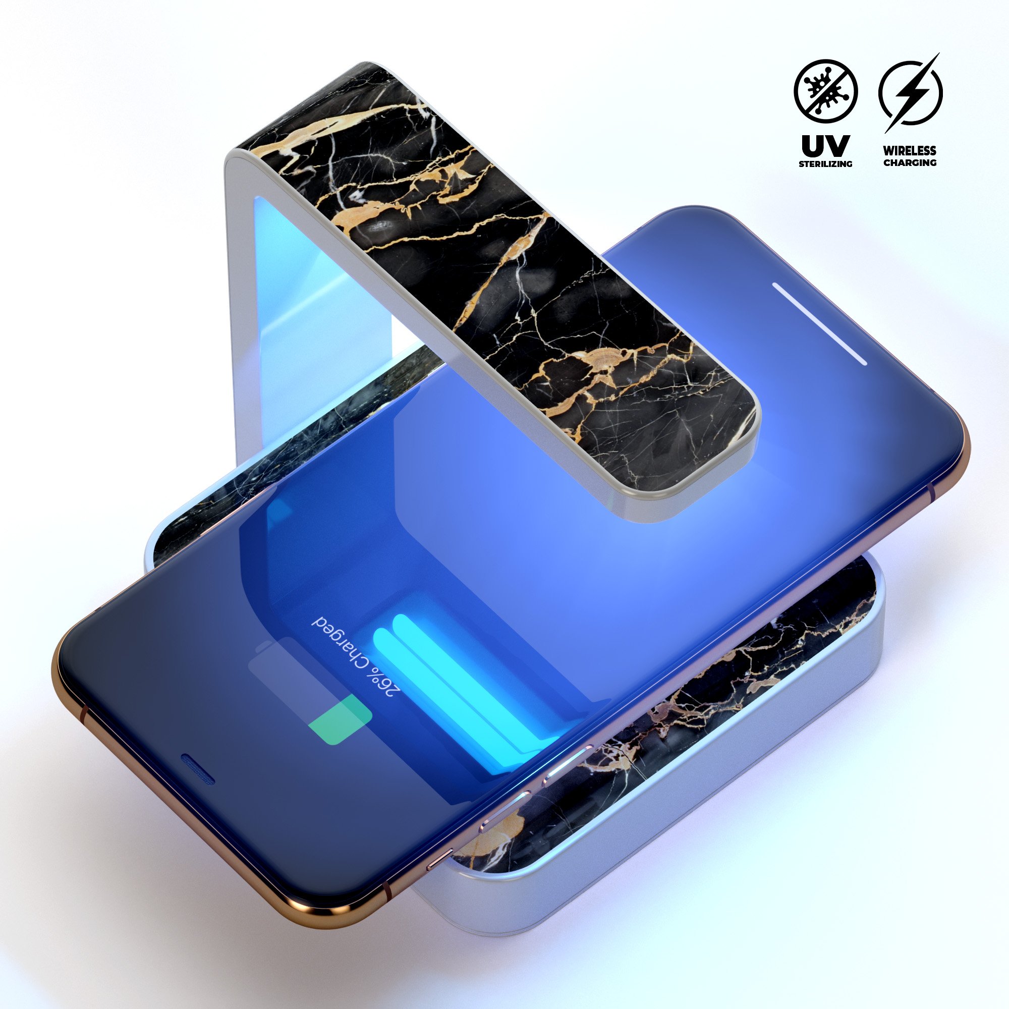 Black and Gold Marble Surface UV Germicidal Sanitizing Sterilizing charger with wireless charging feature and decorative skin.