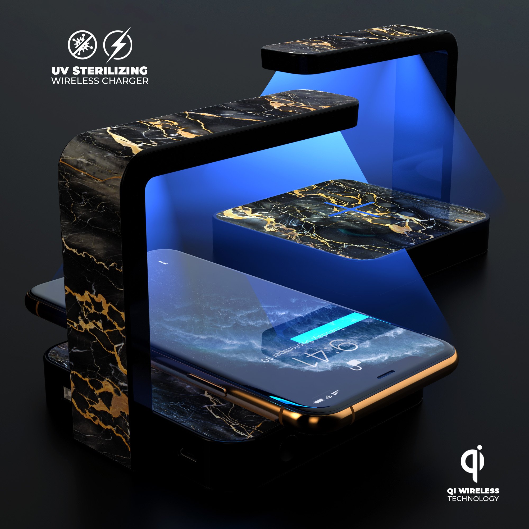 Black and Gold Marble Surface UV Germicidal Sanitizing Sterilizing charger with wireless charging feature and decorative skin.