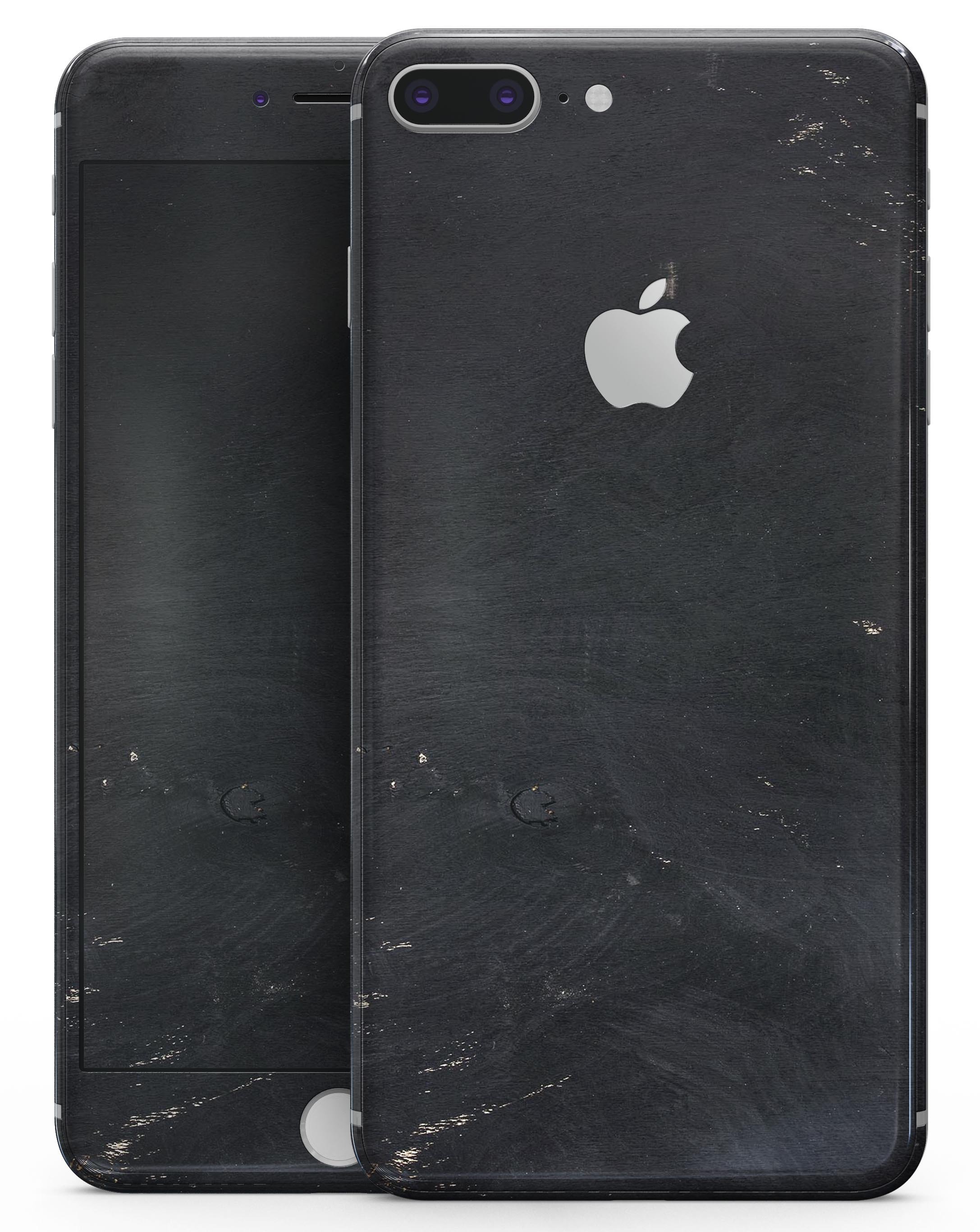 Black and Gold Scratched Woodgrain Skin-kit for iPhone 8 and 8 Plus, showcasing a stylish woodgrain design.