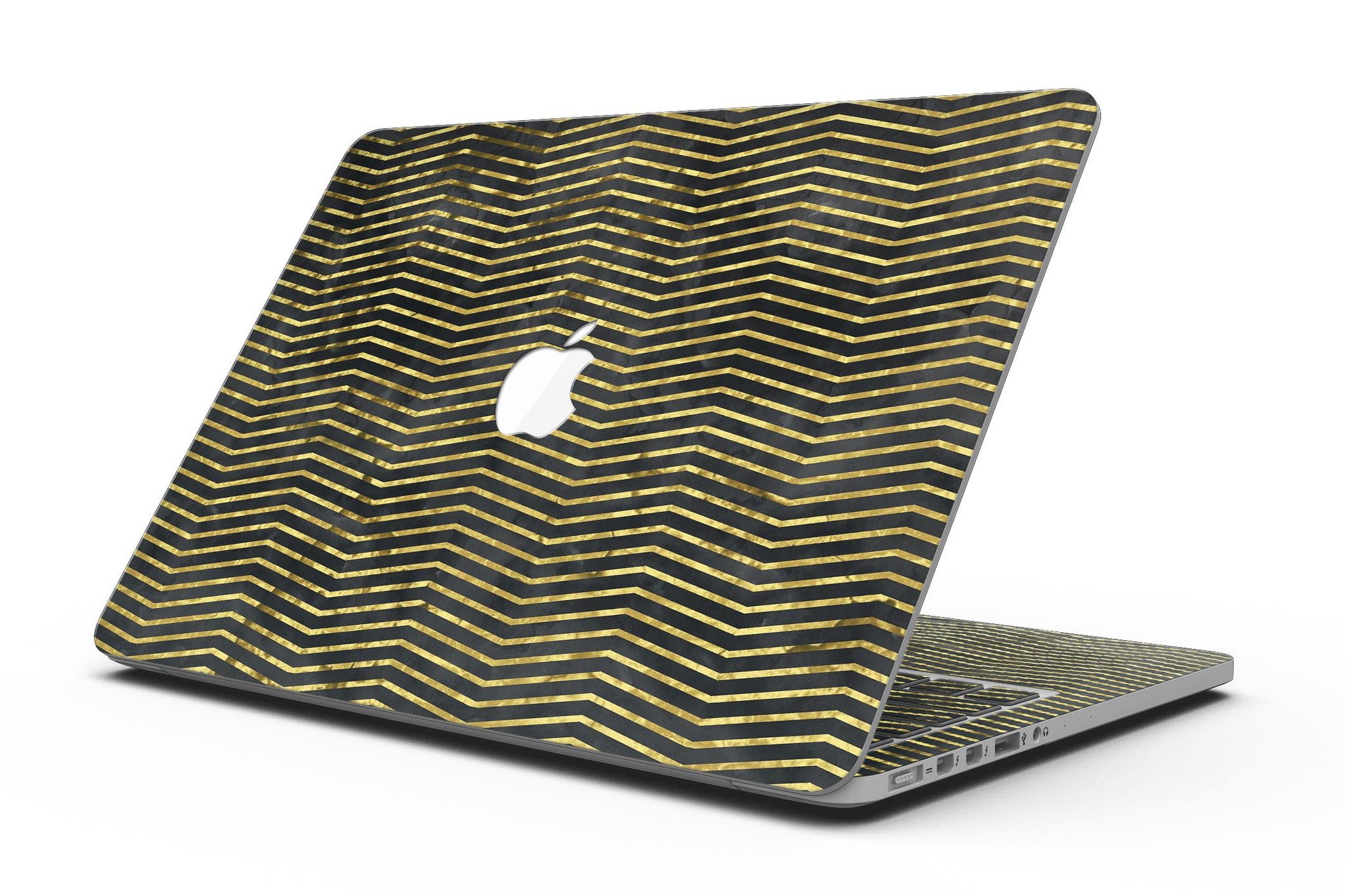 Black and Gold Watercolor Chevron skin for MacBook Pro with Retina Display, showcasing a stylish design that protects the device.