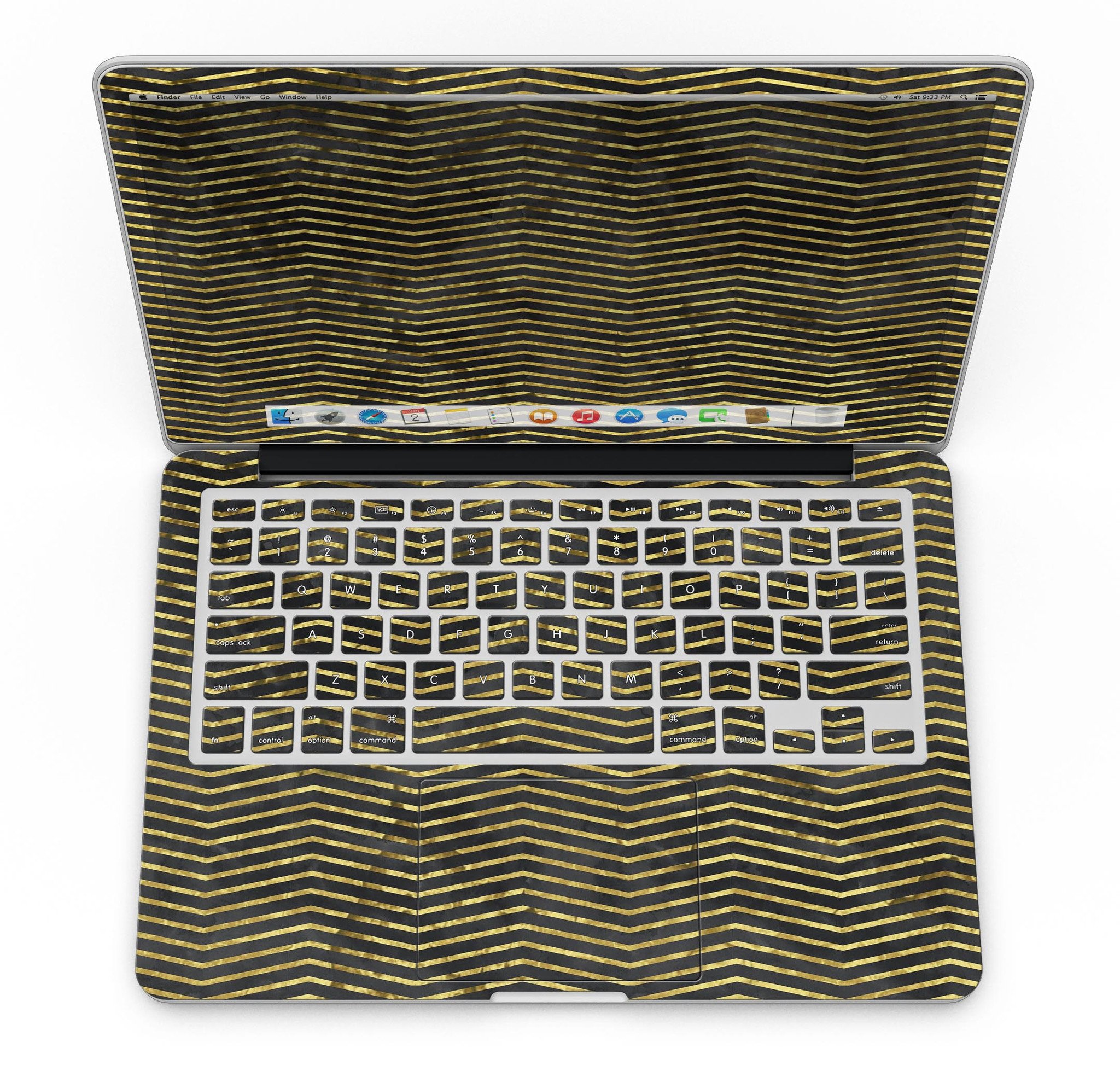 Black and Gold Watercolor Chevron skin for MacBook Pro with Retina Display, showcasing a stylish design that protects the device.