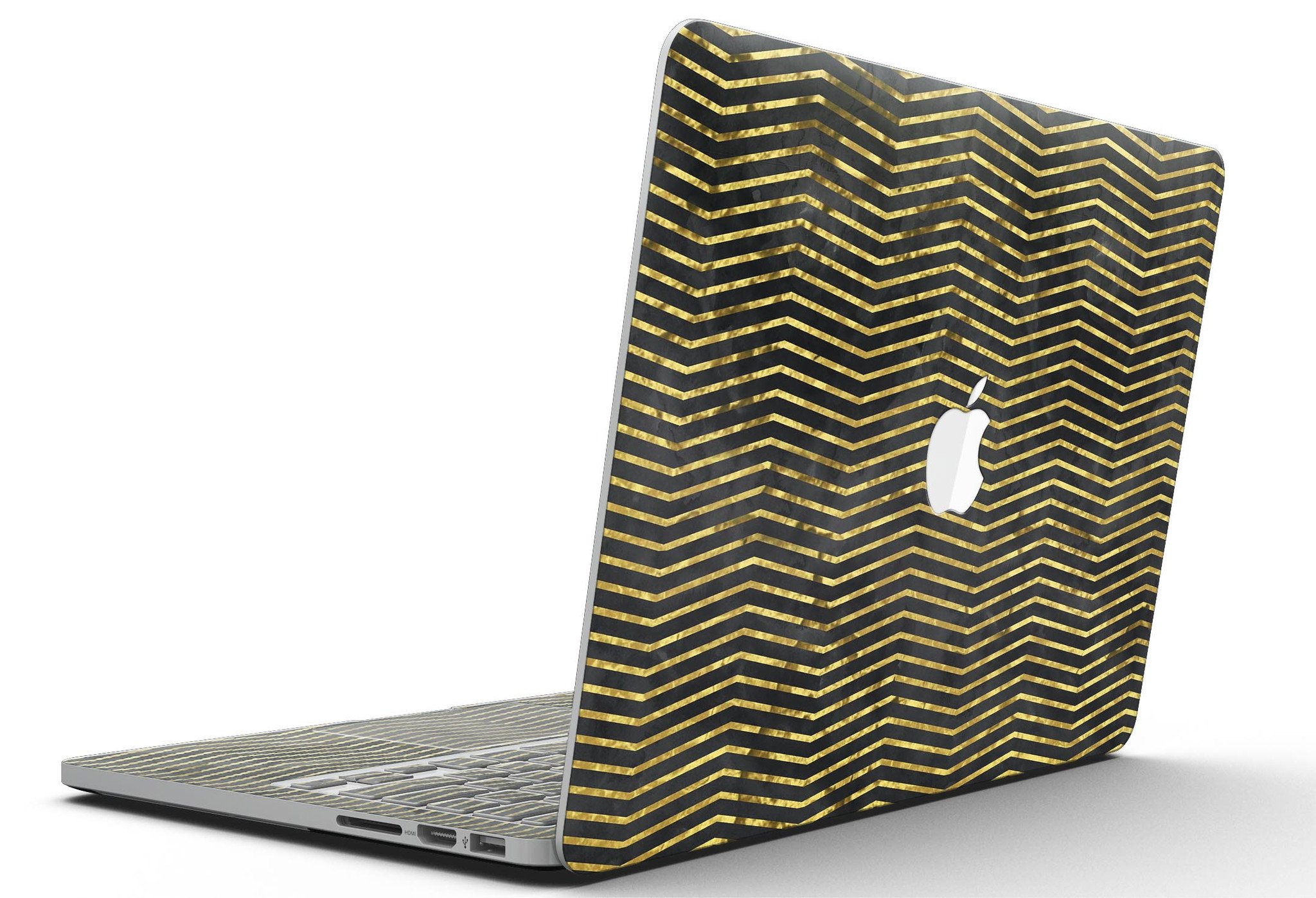 Black and Gold Watercolor Chevron skin for MacBook Pro with Retina Display, showcasing a stylish design that protects the device.