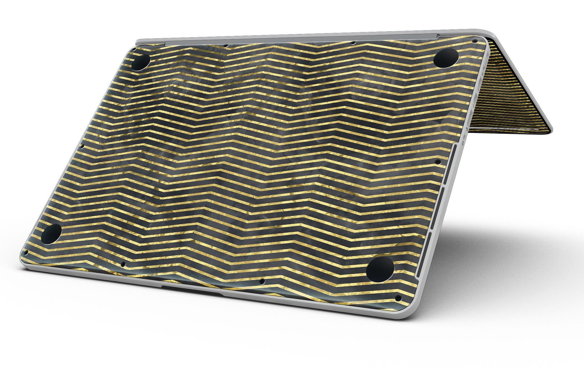 Black and Gold Watercolor Chevron skin for MacBook Pro with Retina Display, showcasing a stylish design that protects the device.