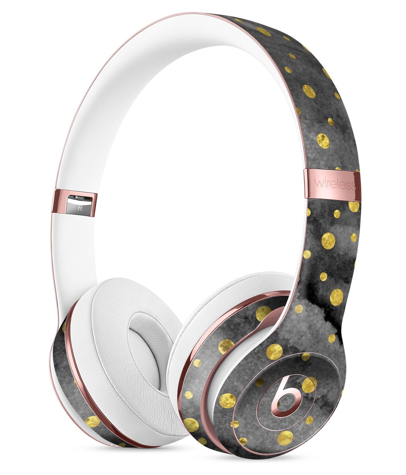 Black and gold watercolor polka dots skin kit for Beats by Dre Solo 3 Wireless Headphones, showcasing stylish design and premium quality.