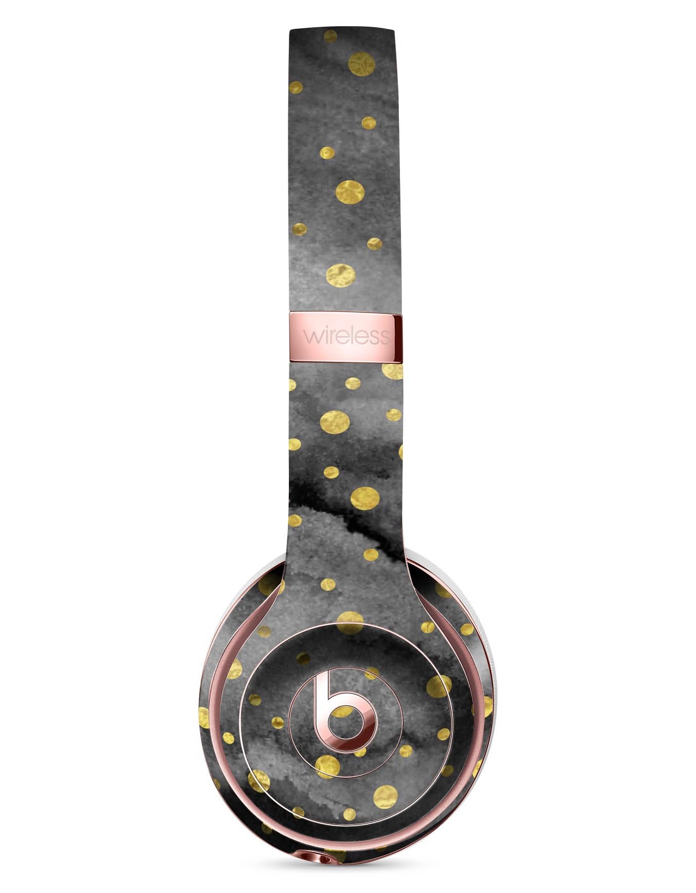 Black and gold watercolor polka dots skin kit for Beats by Dre Solo 3 Wireless Headphones, showcasing stylish design and premium quality.