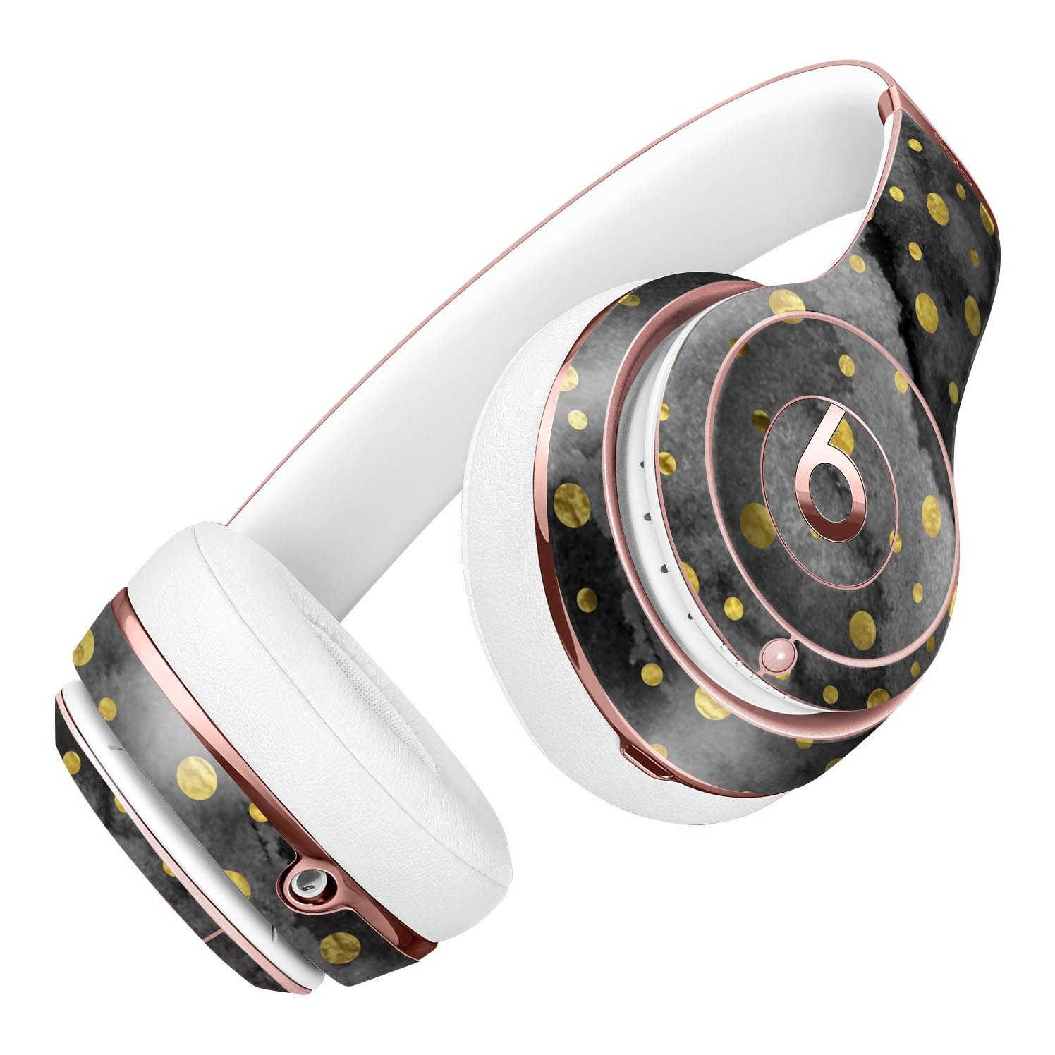 Black and gold watercolor polka dots skin kit for Beats by Dre Solo 3 Wireless Headphones, showcasing stylish design and premium quality.