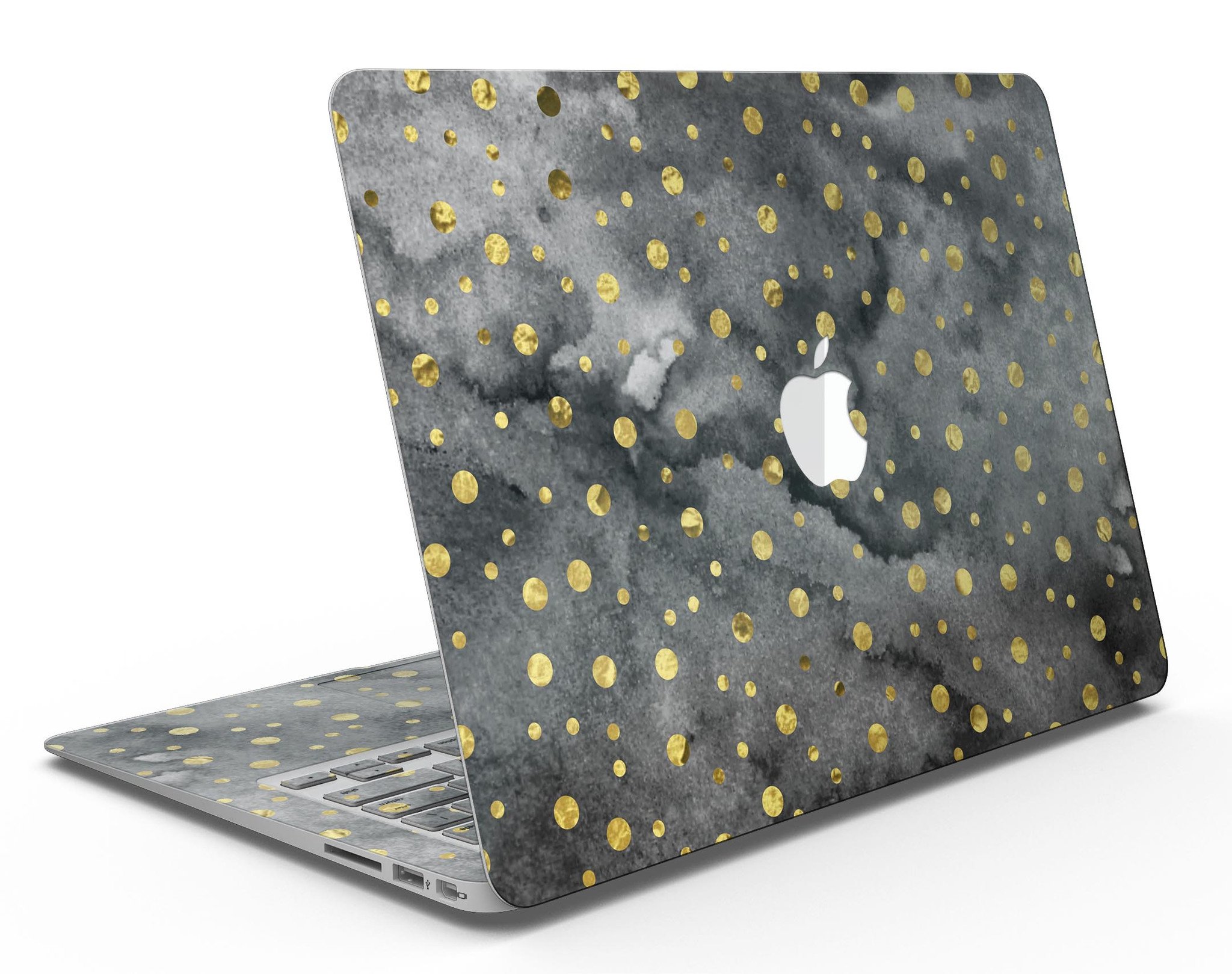 Black and Gold Watercolor Polka Dots MacBook Air Skin Kit showcasing a stylish design on a laptop.