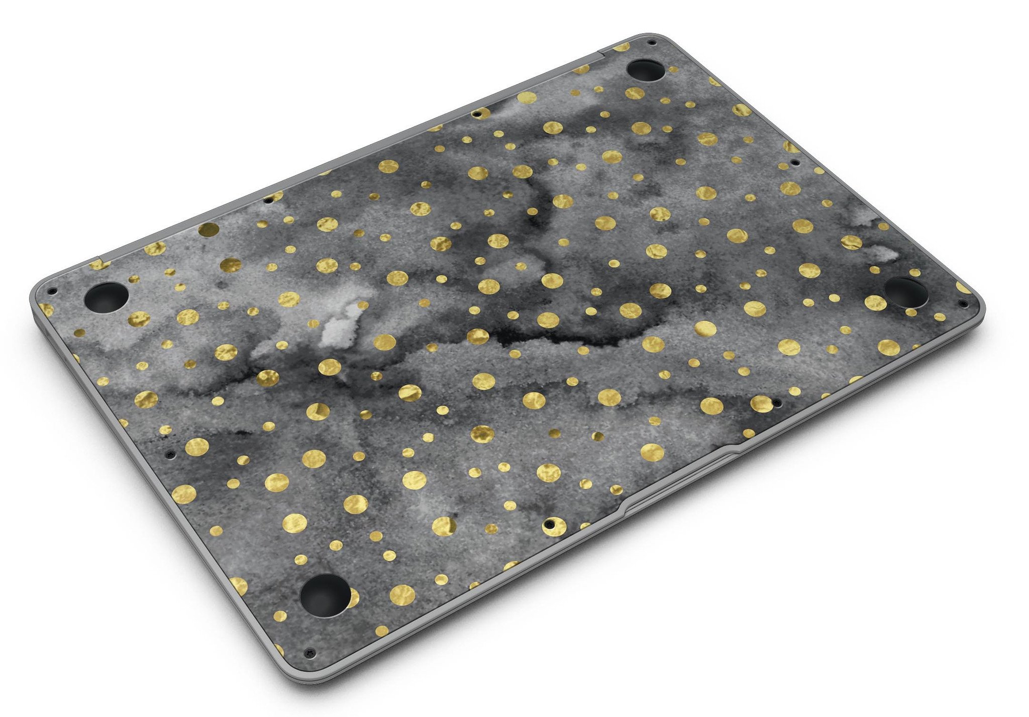 Black and Gold Watercolor Polka Dots MacBook Air Skin Kit showcasing a stylish design on a laptop.