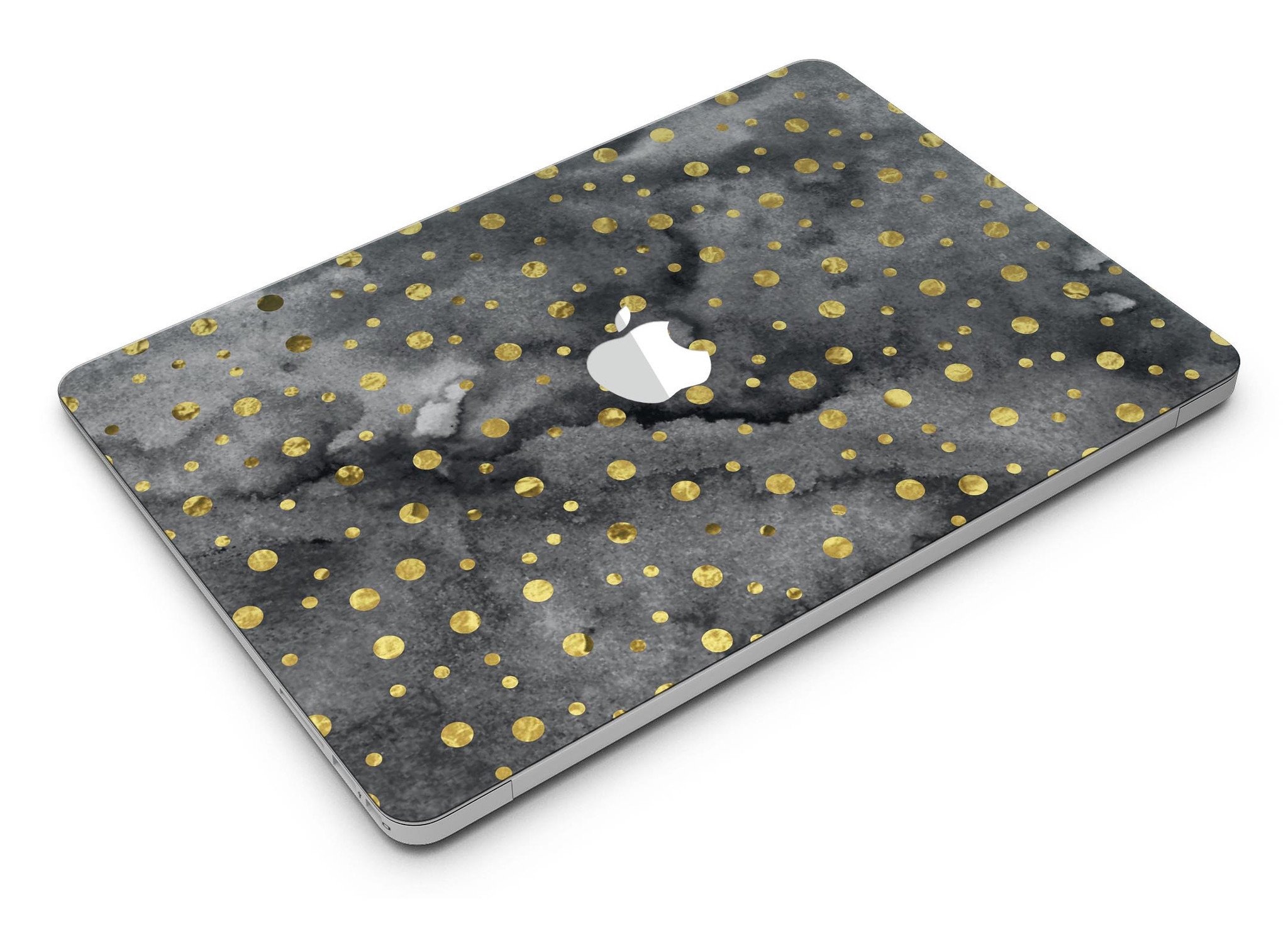 Black and Gold Watercolor Polka Dots MacBook Air Skin Kit showcasing a stylish design on a laptop.