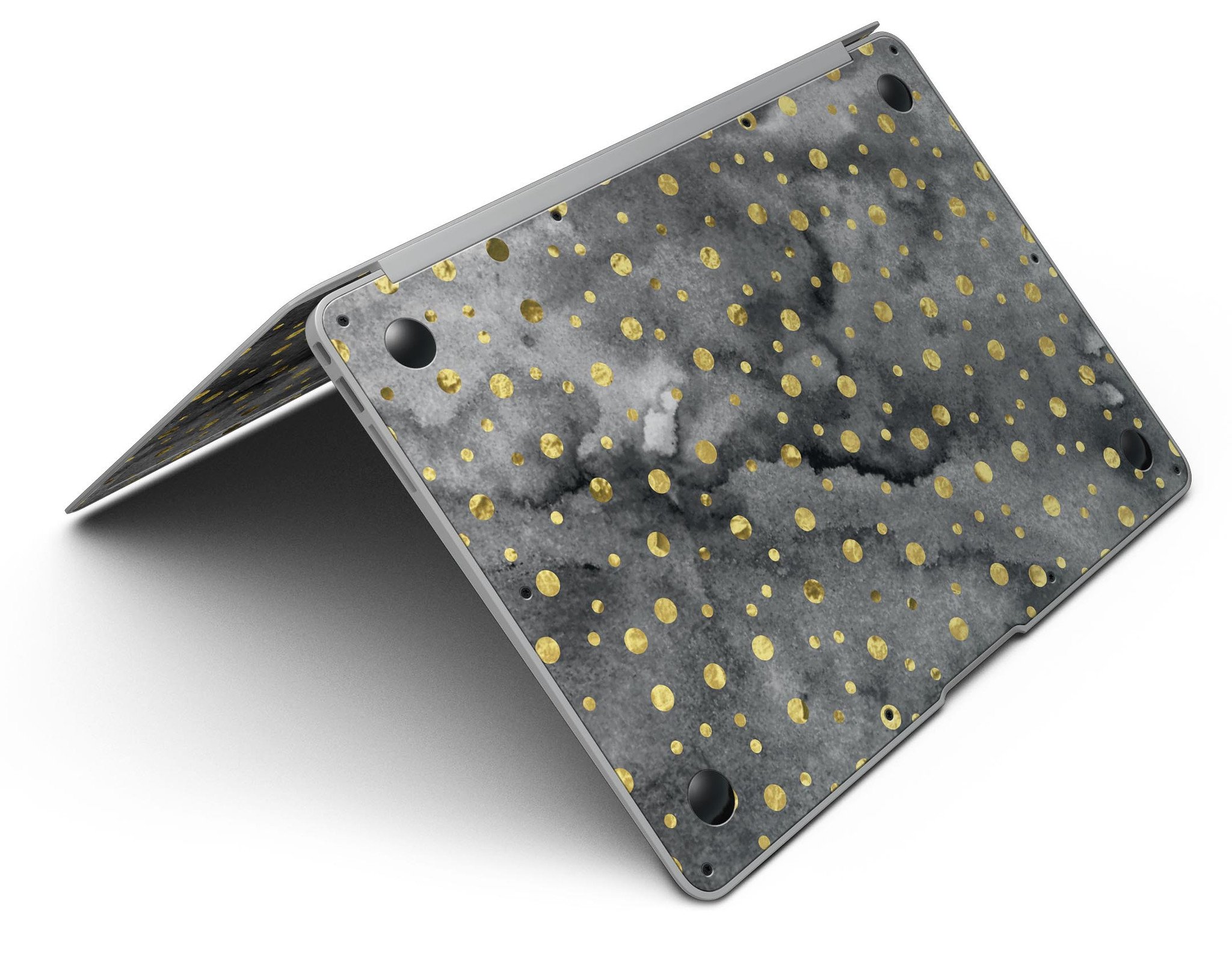 Black and Gold Watercolor Polka Dots MacBook Air Skin Kit showcasing a stylish design on a laptop.