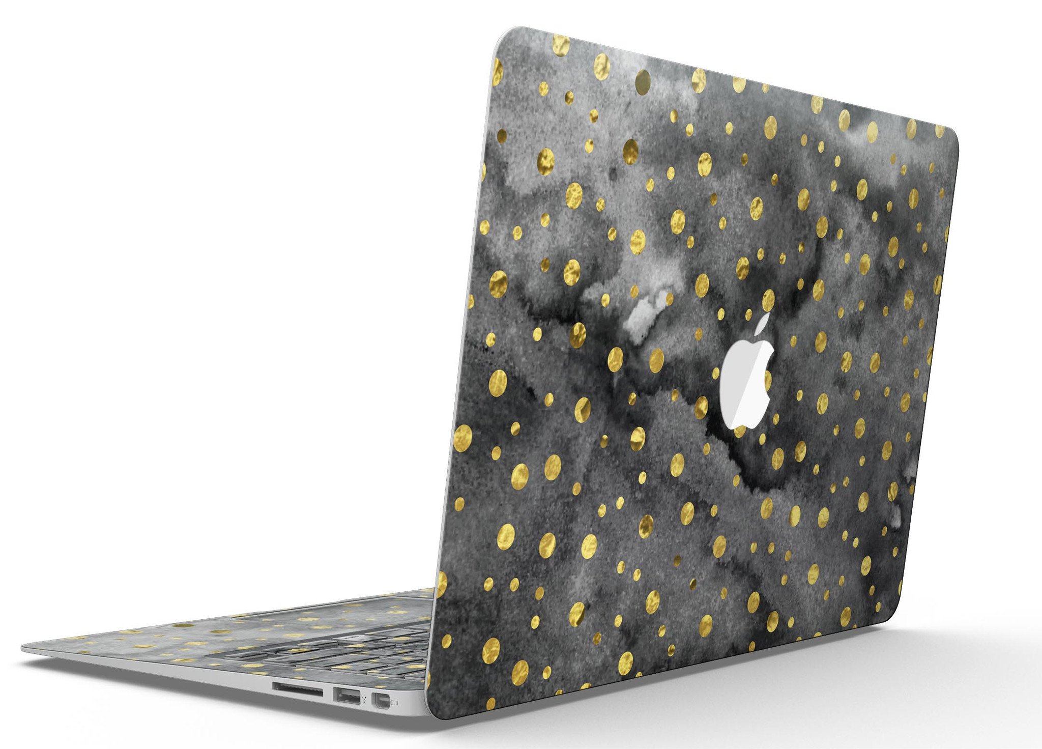 Black and Gold Watercolor Polka Dots MacBook Air Skin Kit showcasing a stylish design on a laptop.