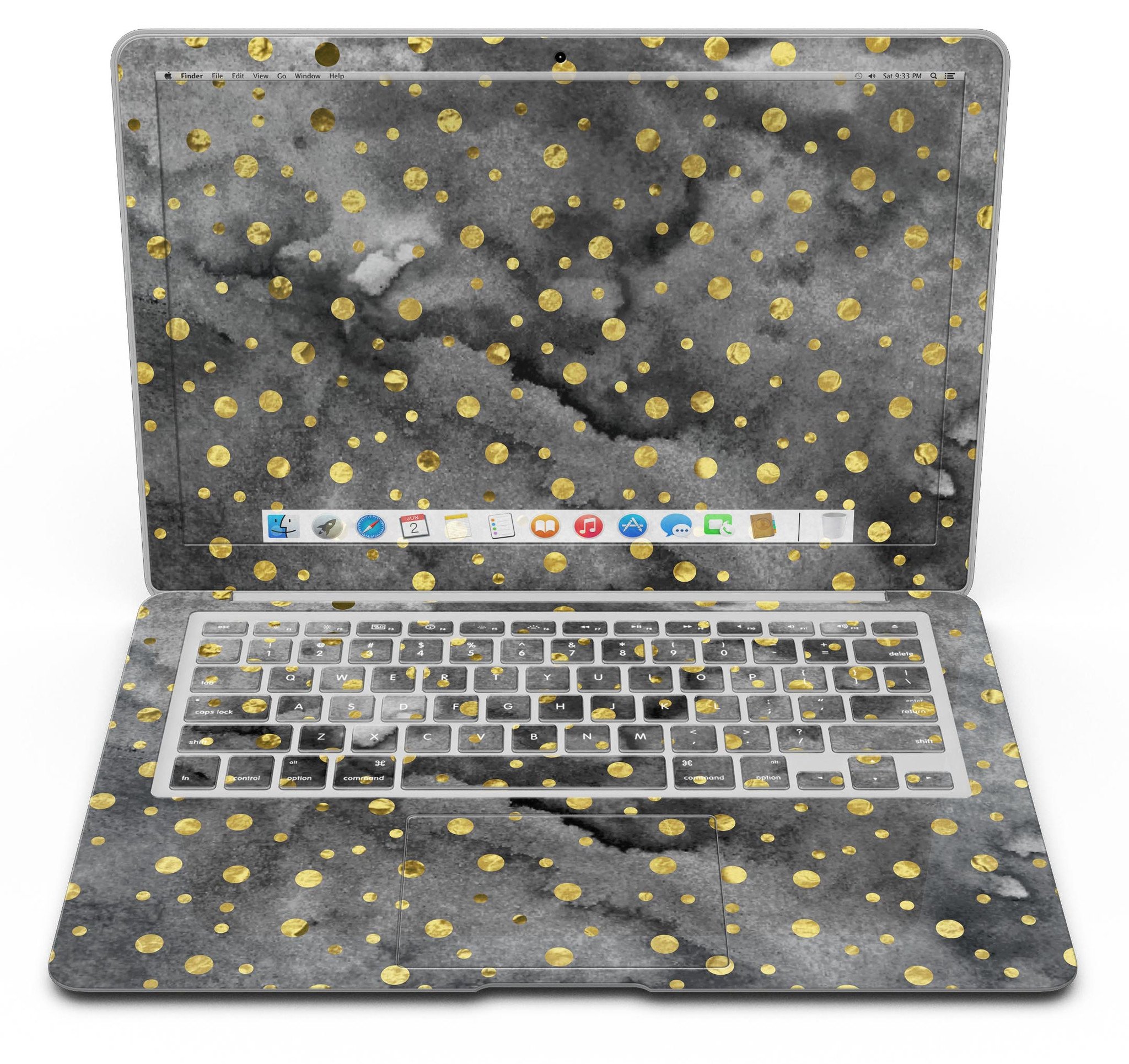 Black and Gold Watercolor Polka Dots MacBook Air Skin Kit showcasing a stylish design on a laptop.