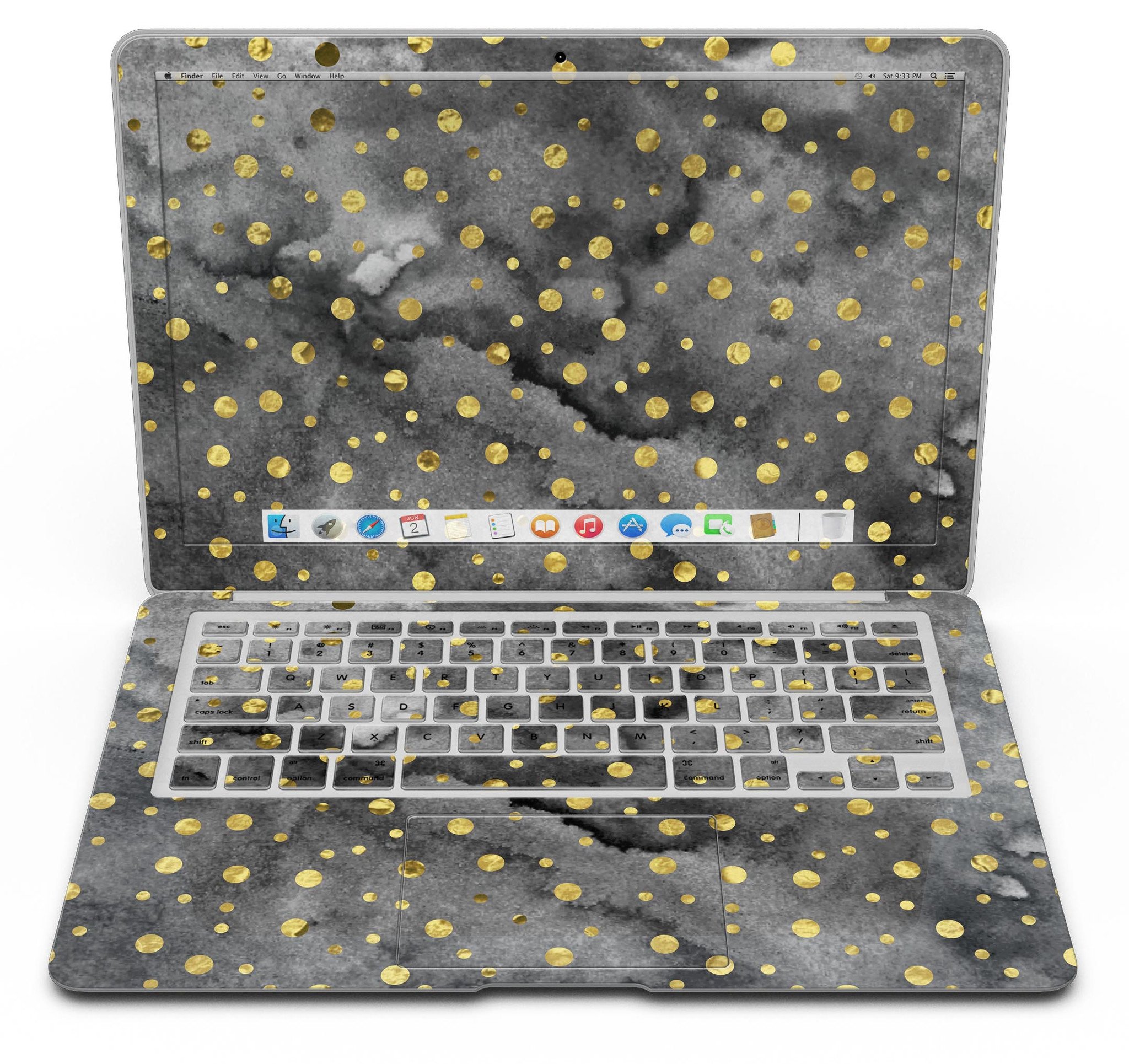 Black and Gold Watercolor Polka Dots MacBook Air Skin Kit showcasing a stylish design on a laptop.