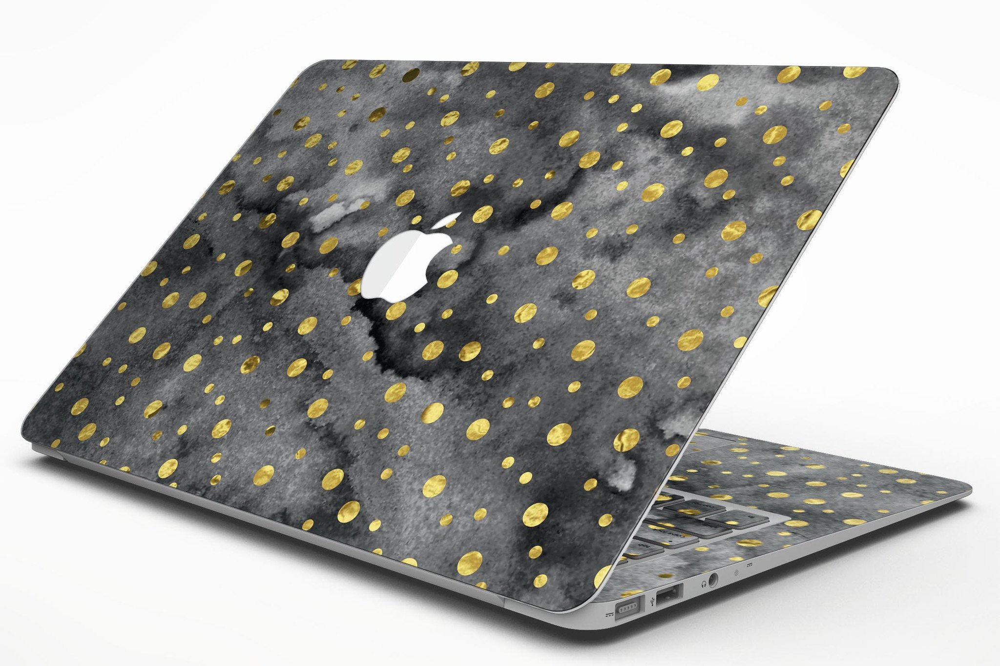 Black and Gold Watercolor Polka Dots MacBook Air Skin Kit showcasing a stylish design on a laptop.