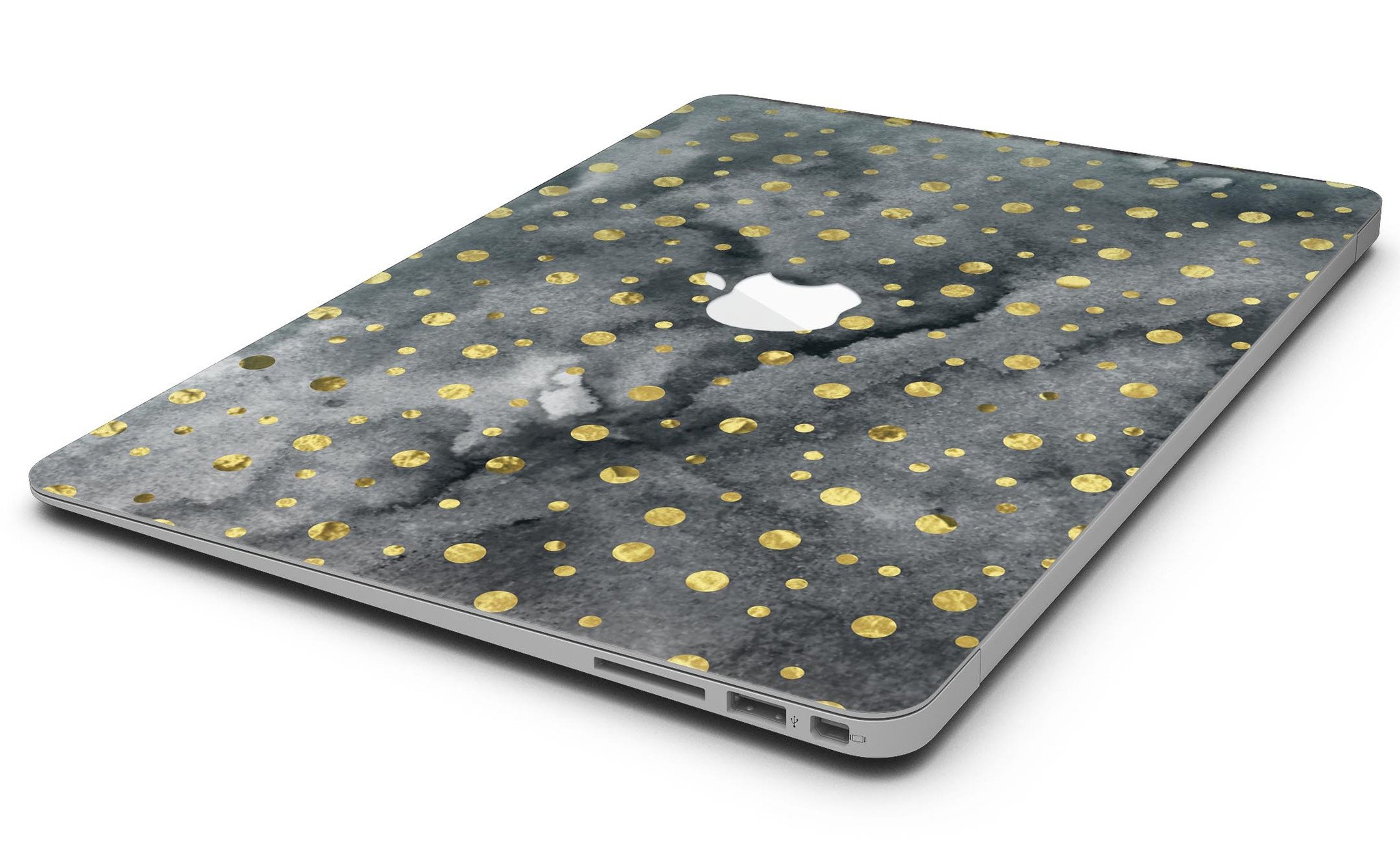 Black and Gold Watercolor Polka Dots MacBook Air Skin Kit showcasing a stylish design on a laptop.