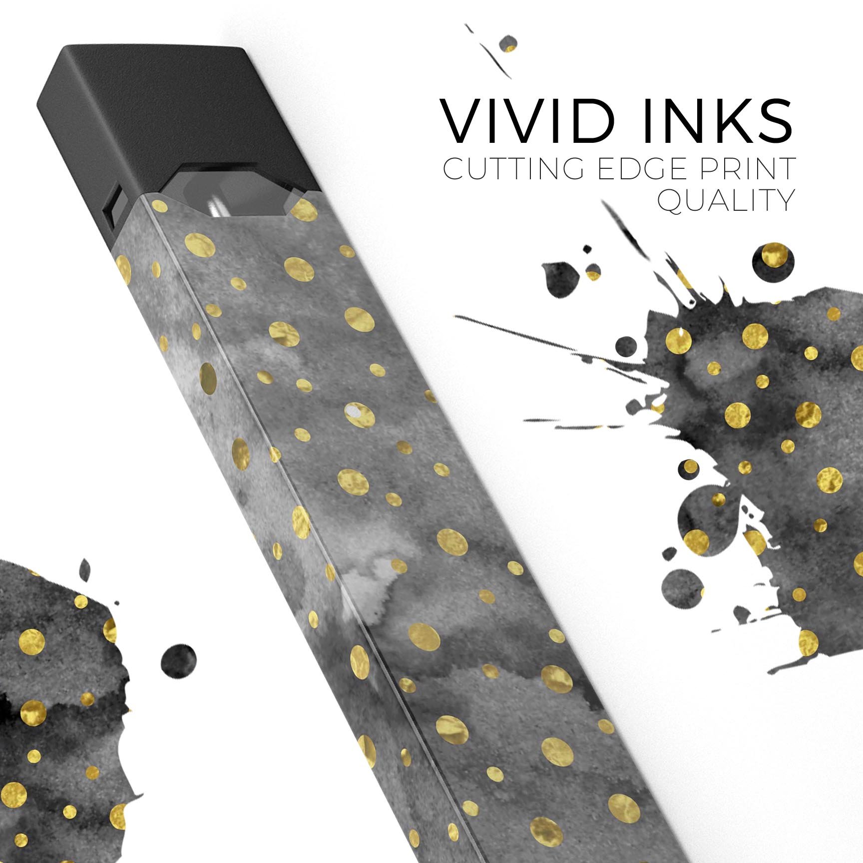 Black and Gold Watercolor Polka Dots decal skin for JUUL vaping device, showcasing vibrant colors and stylish design.