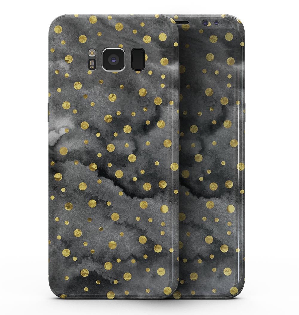 Samsung Galaxy S8 with Black and Gold Watercolor Polka Dots skin, showcasing a stylish and protective design.