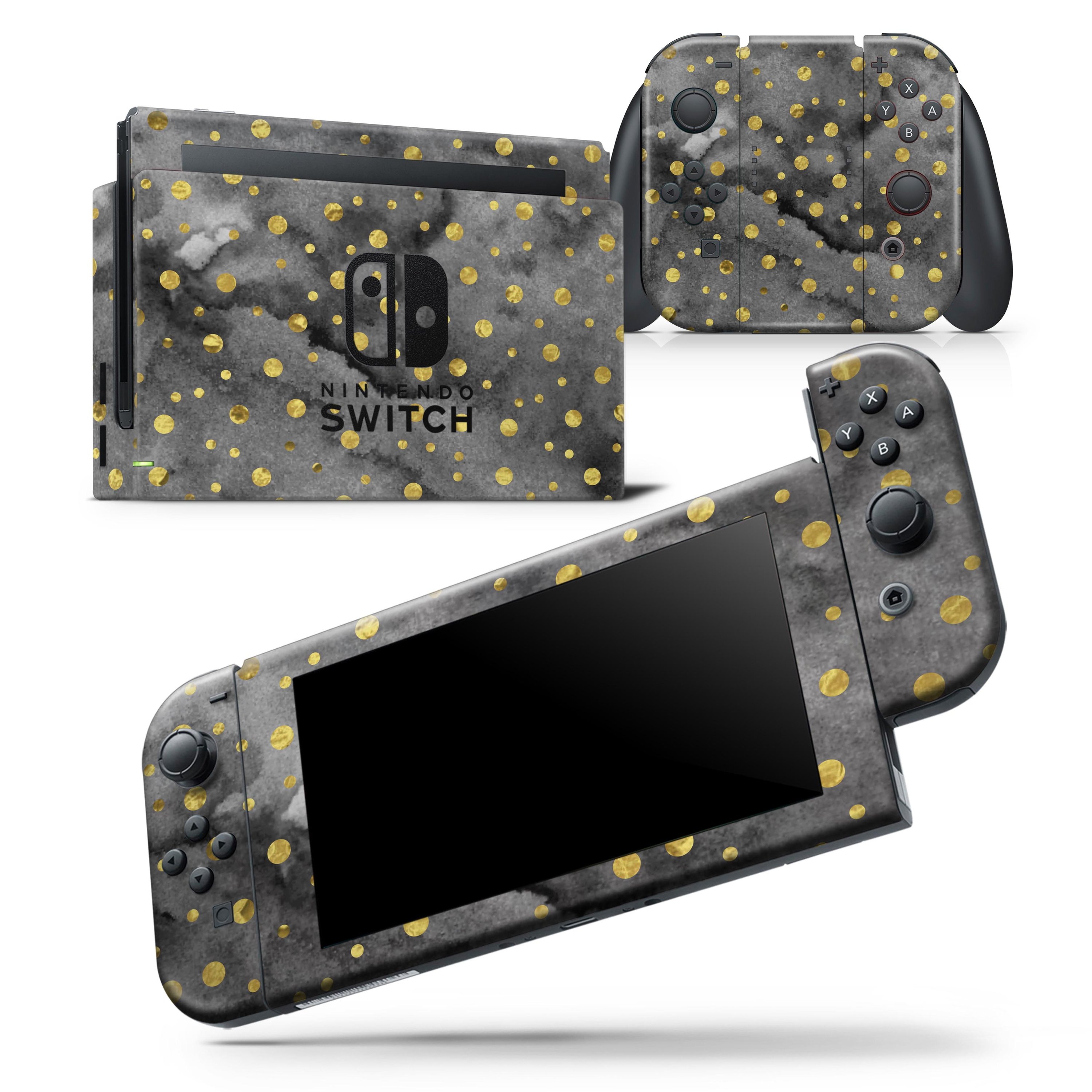 Black and Gold Watercolor Polka Dots skin wrap decal for Nintendo Switch, showcasing a stylish design that fits snugly on the console and controllers.