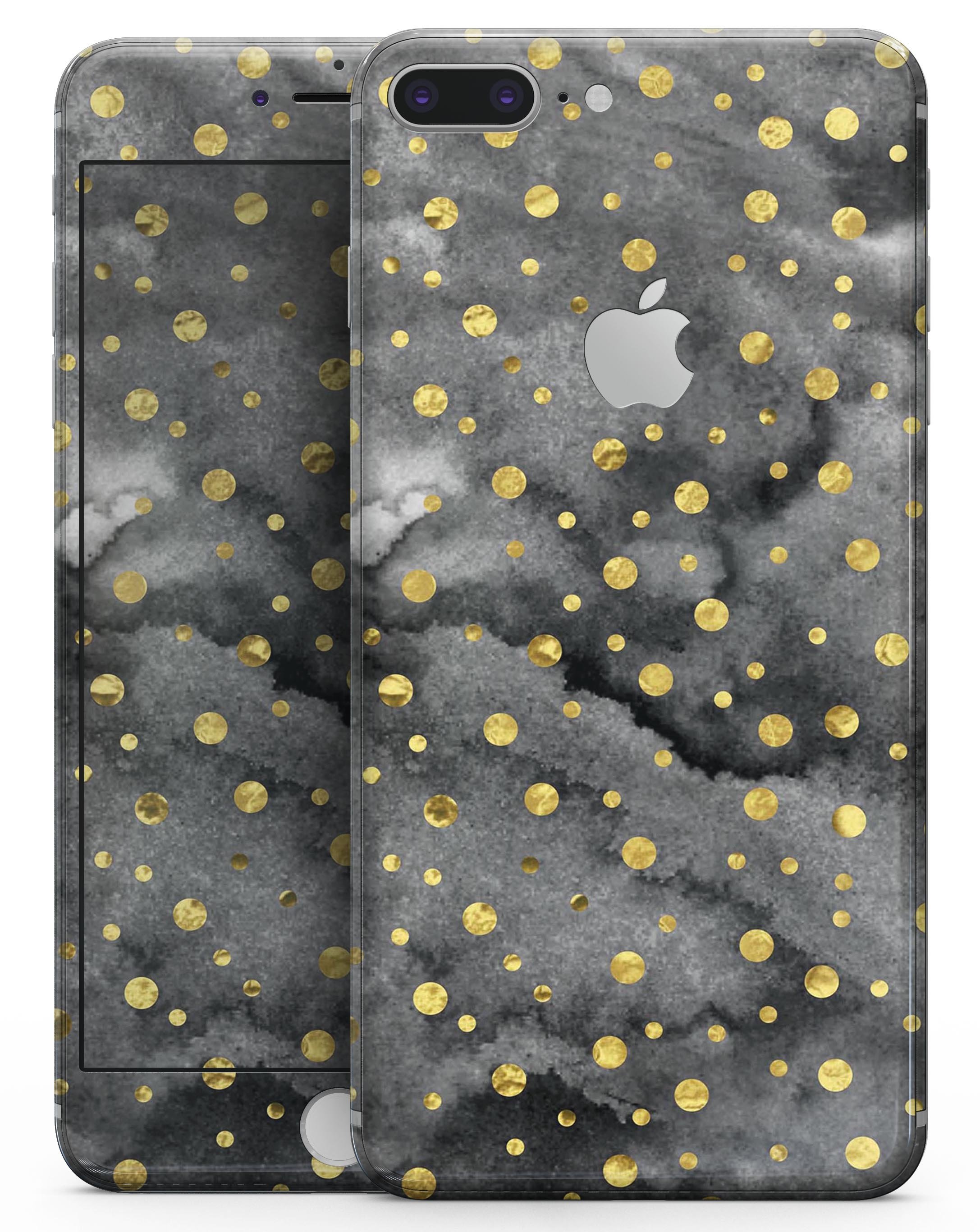 Black and Gold Watercolor Polka Dots skin for iPhone 8 or 8 Plus, showcasing a stylish design with polka dots on a sleek surface.