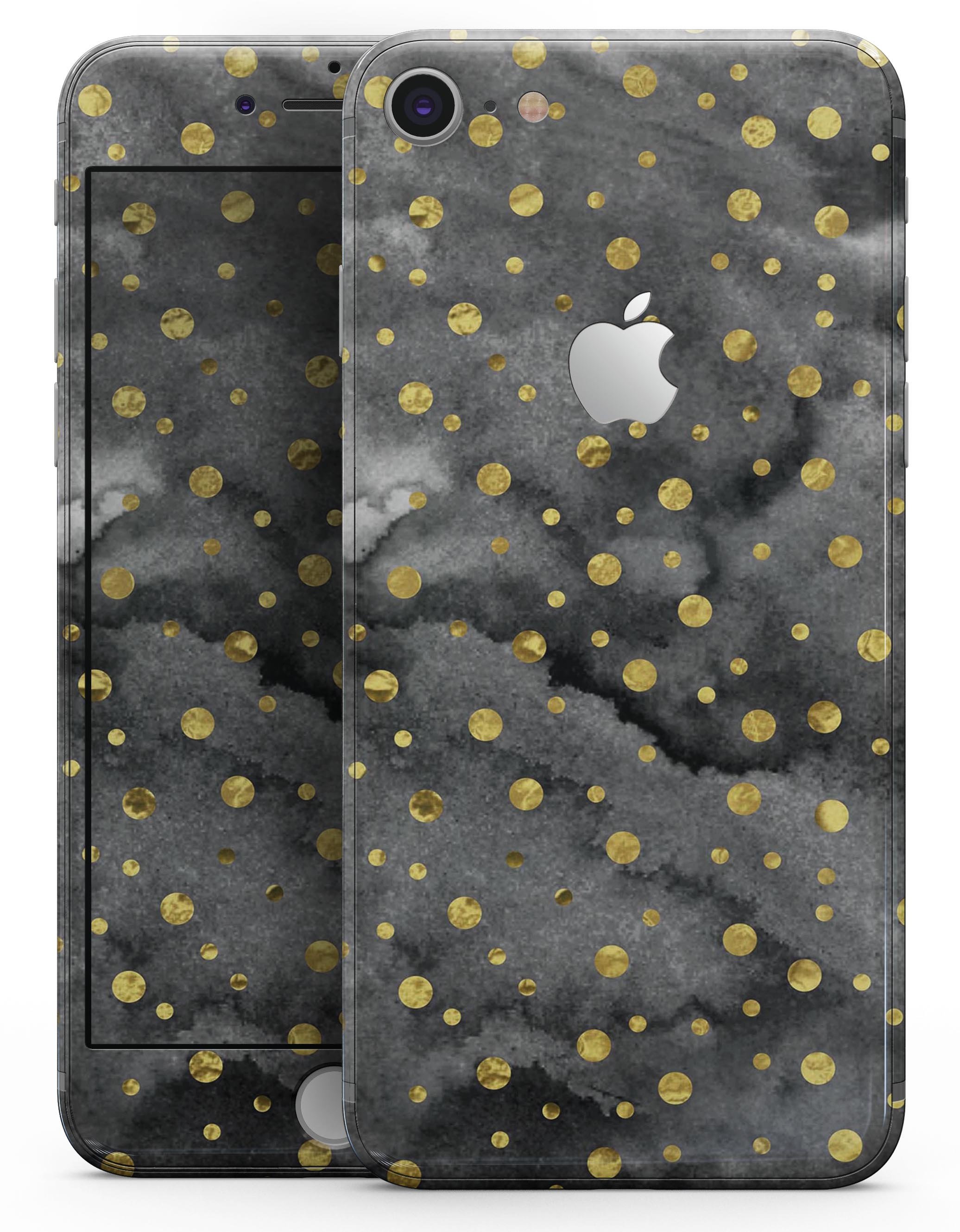 Black and Gold Watercolor Polka Dots skin for iPhone 8 or 8 Plus, showcasing a stylish design with polka dots on a sleek surface.