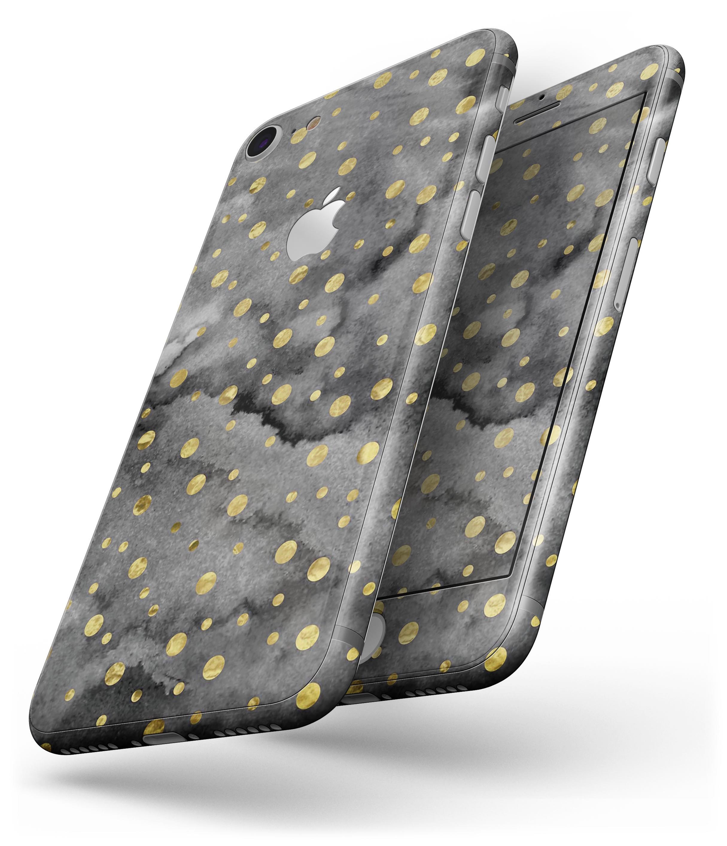 Black and Gold Watercolor Polka Dots skin for iPhone 8 or 8 Plus, showcasing a stylish design with polka dots on a sleek surface.